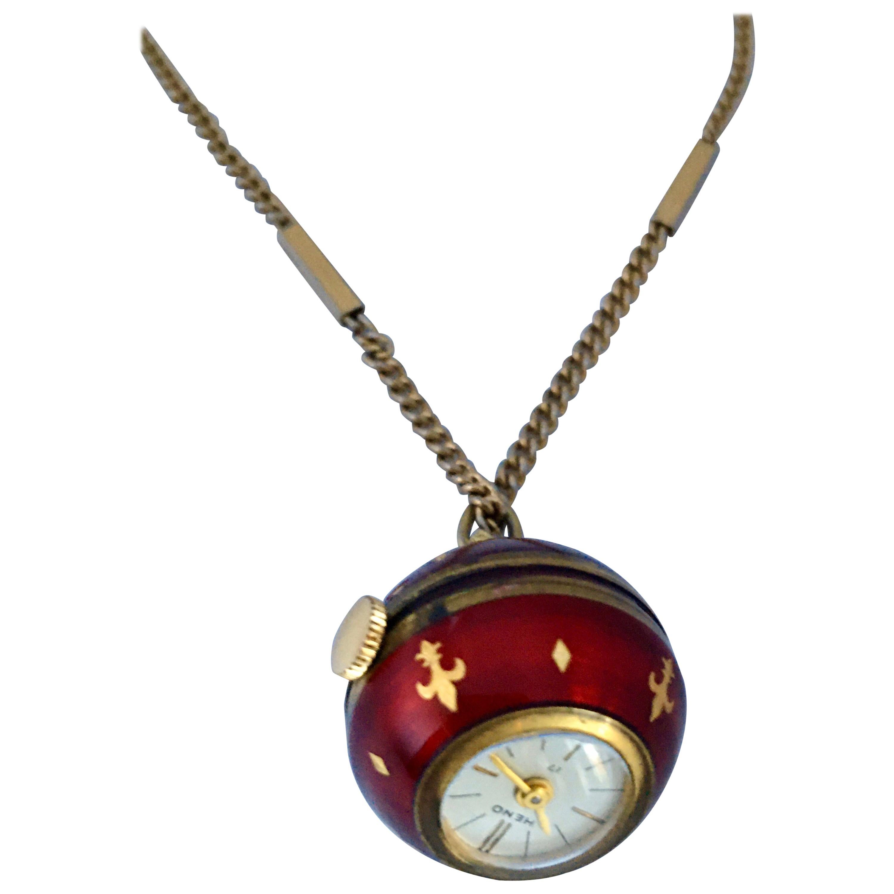 Vintage Gold-Plated Red Enamel Guilloche Hand-Winding Ball Pendant Swiss Watch For Sale