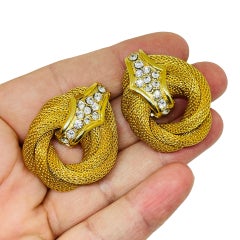 Vintage gold plated rhinestones door knocker designer clip on earrings