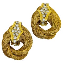 Vintage gold plated rhinestones door knocker designer clip on earrings