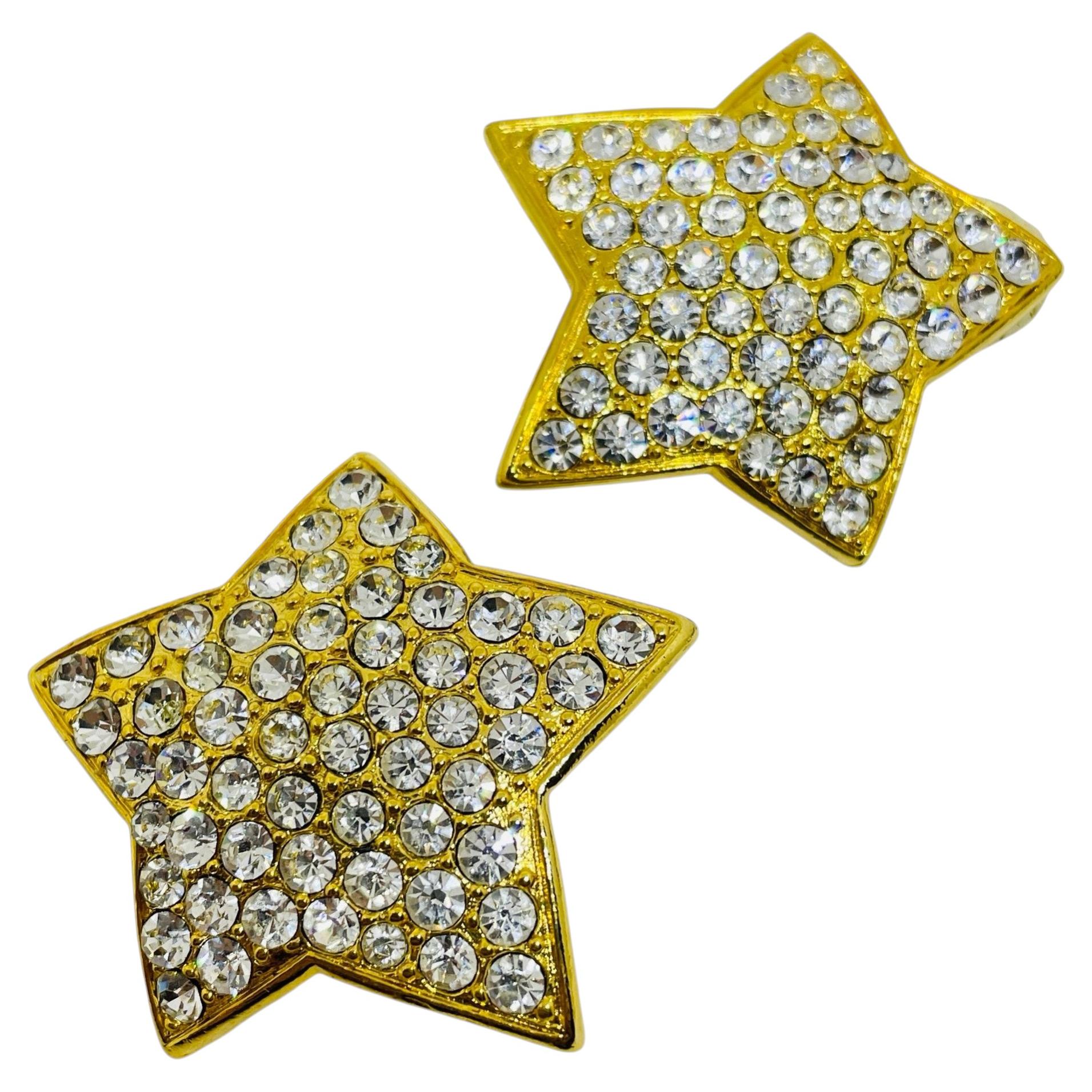 Vintage gold plated rhinestones stars designer clip on earrings