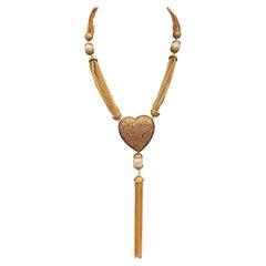 Vintage Gold-Plated Signed YSL Heart Necklace with Faux Pearl Accents