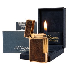 Vintage Gold Plated S.T. Dupont Ligne 2 Regular Lighter Wood in Box 1979