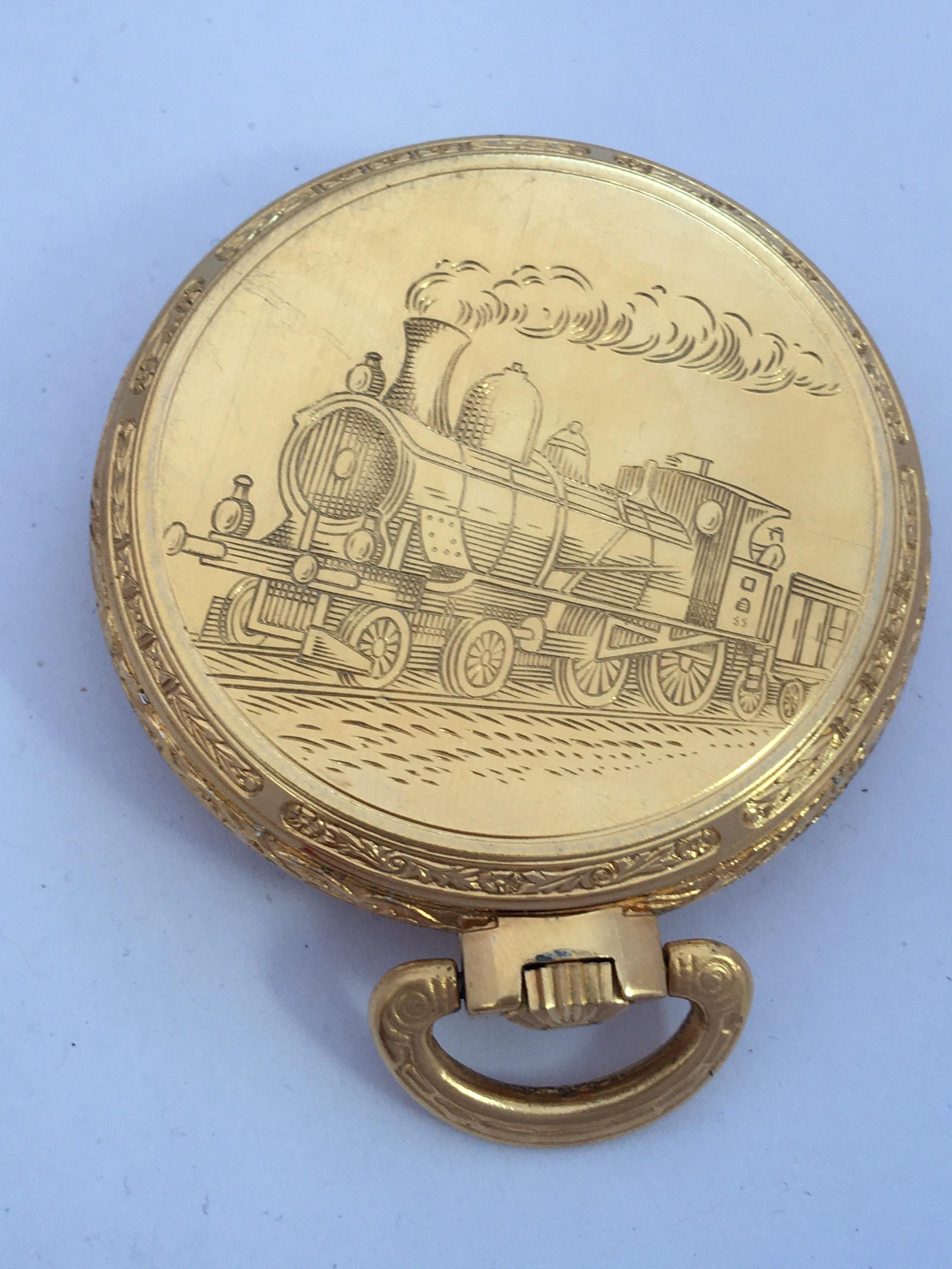 waltham pocket watch train engraved back