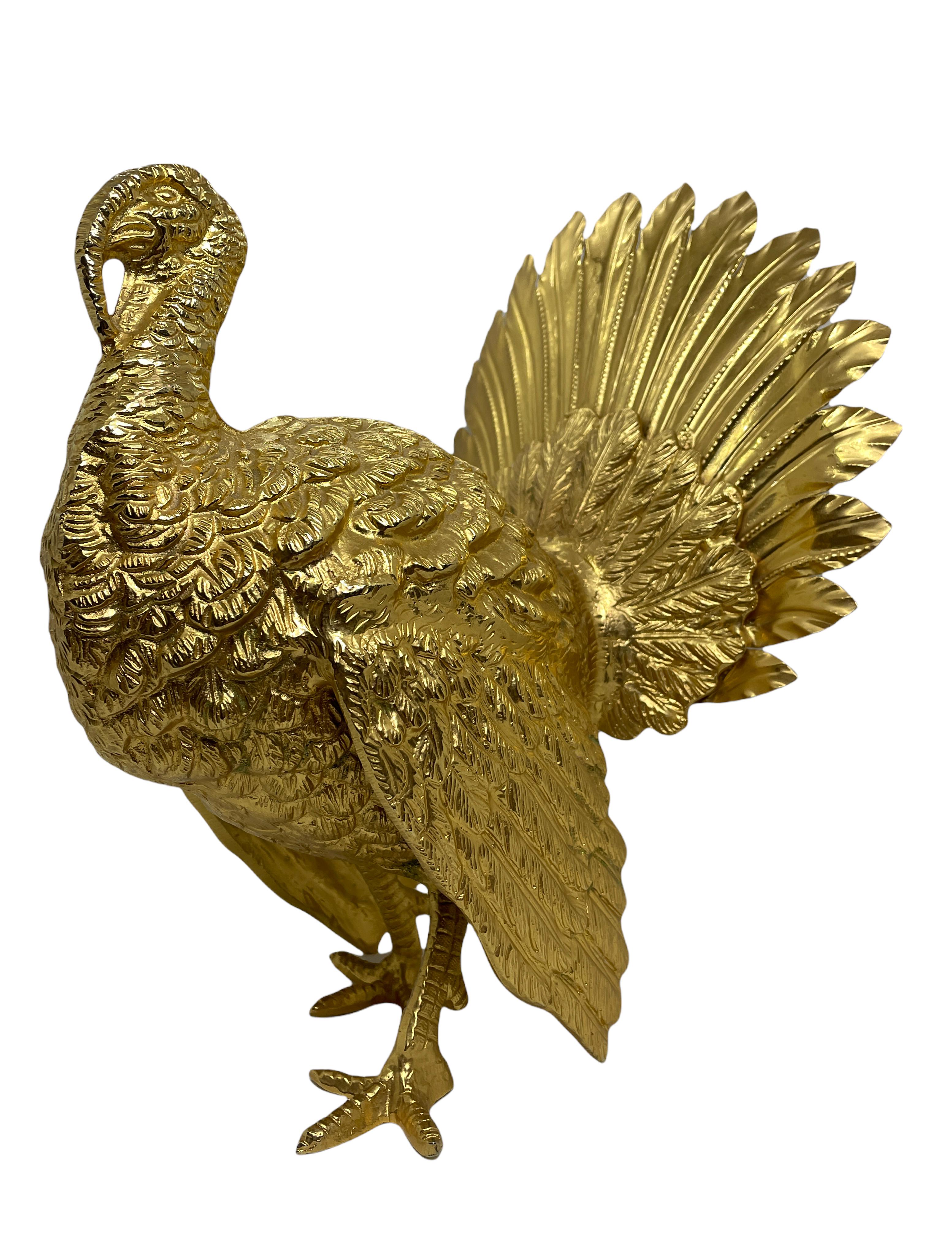 A beautiful decorative turkey statue. Some wear with a nice patina, but this is old-age. Gold plated metal. Very decorative and nice to display in your library or any room. Nice Thanksgiving decoration.