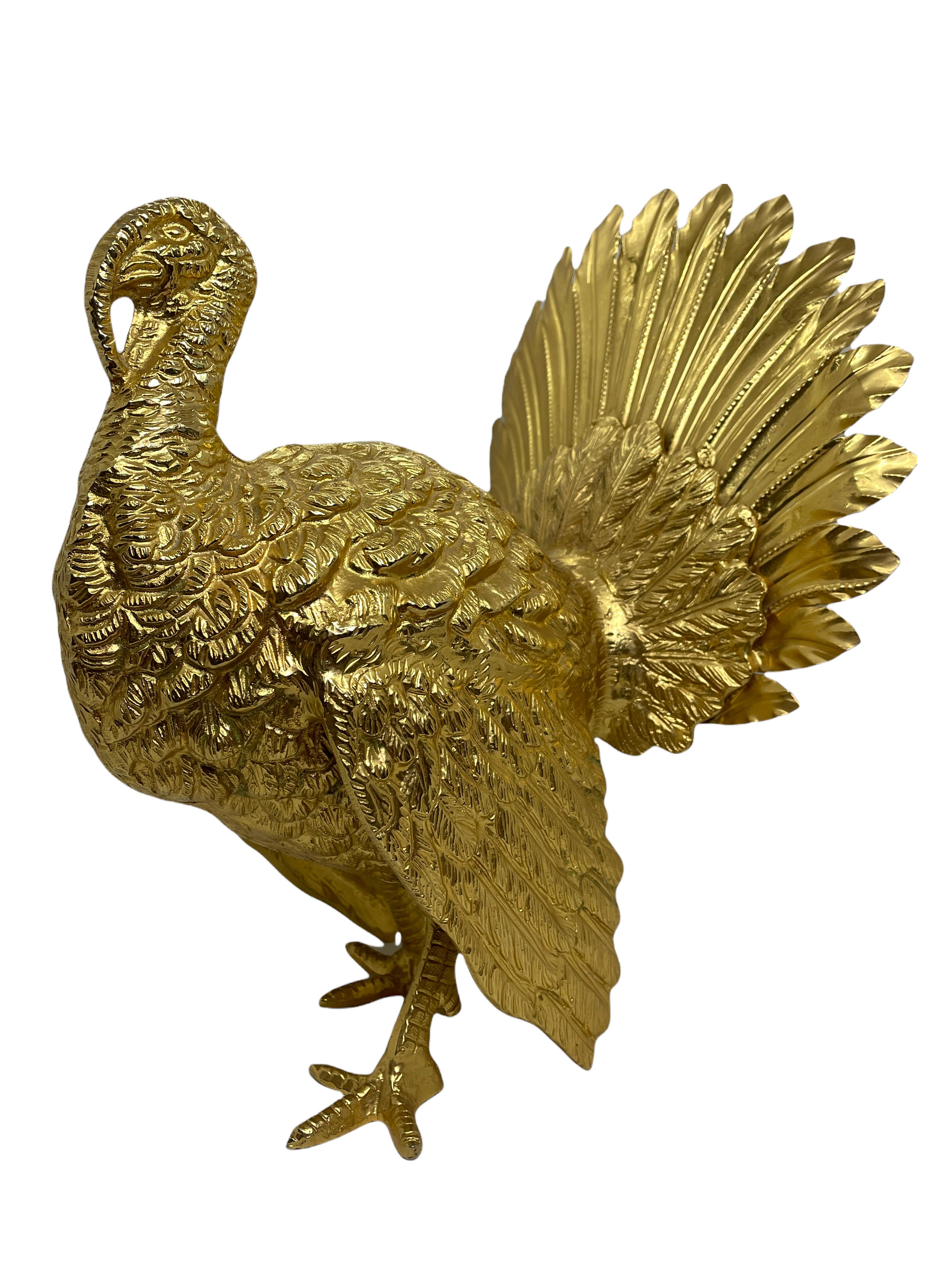 Mid-20th Century Vintage Gold Plated Turkey Bird Statue, Germany, 1960s Thanksgiving Decoration