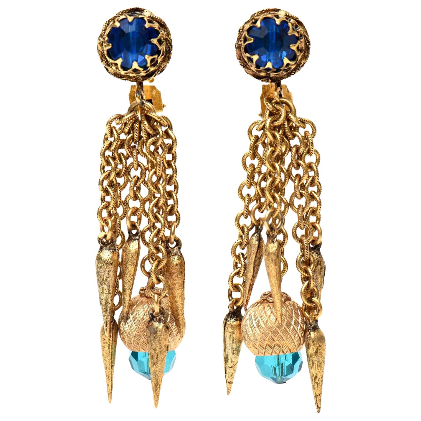 Vintage Gold Plated, Turquoise & Blue Crystal Chain Dangle Clip On Earrings 