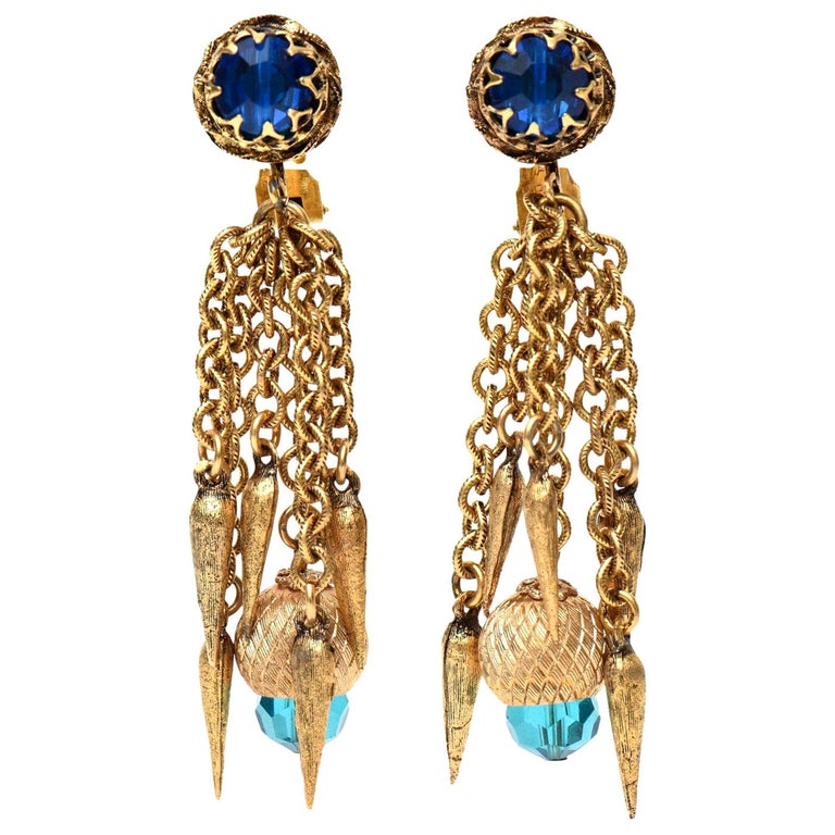 Vintage Gold Plated and Turquoise and Blue Crystal Chain Dangle Clip On