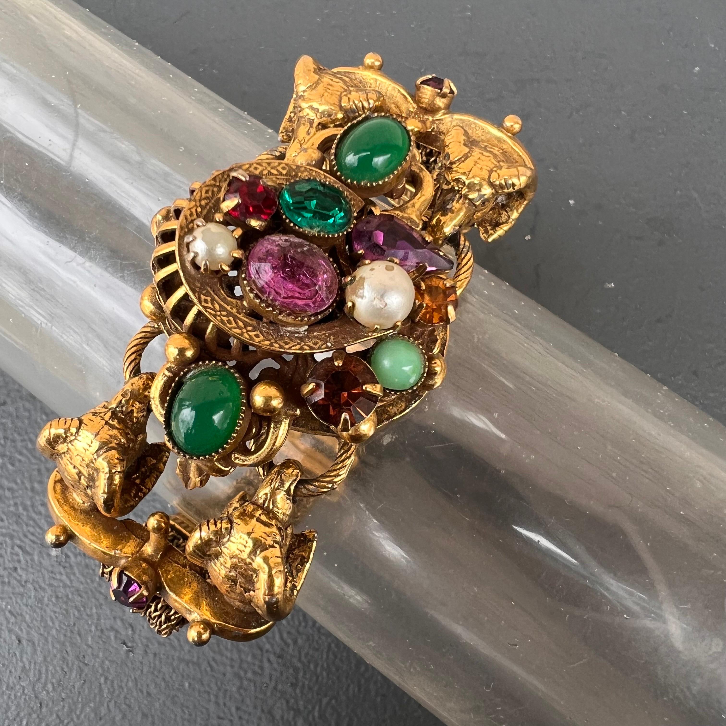 Renaissance Revival Vintage Gold Plated Unsigned Designer Statement Bracelet with Rams Head For Sale
