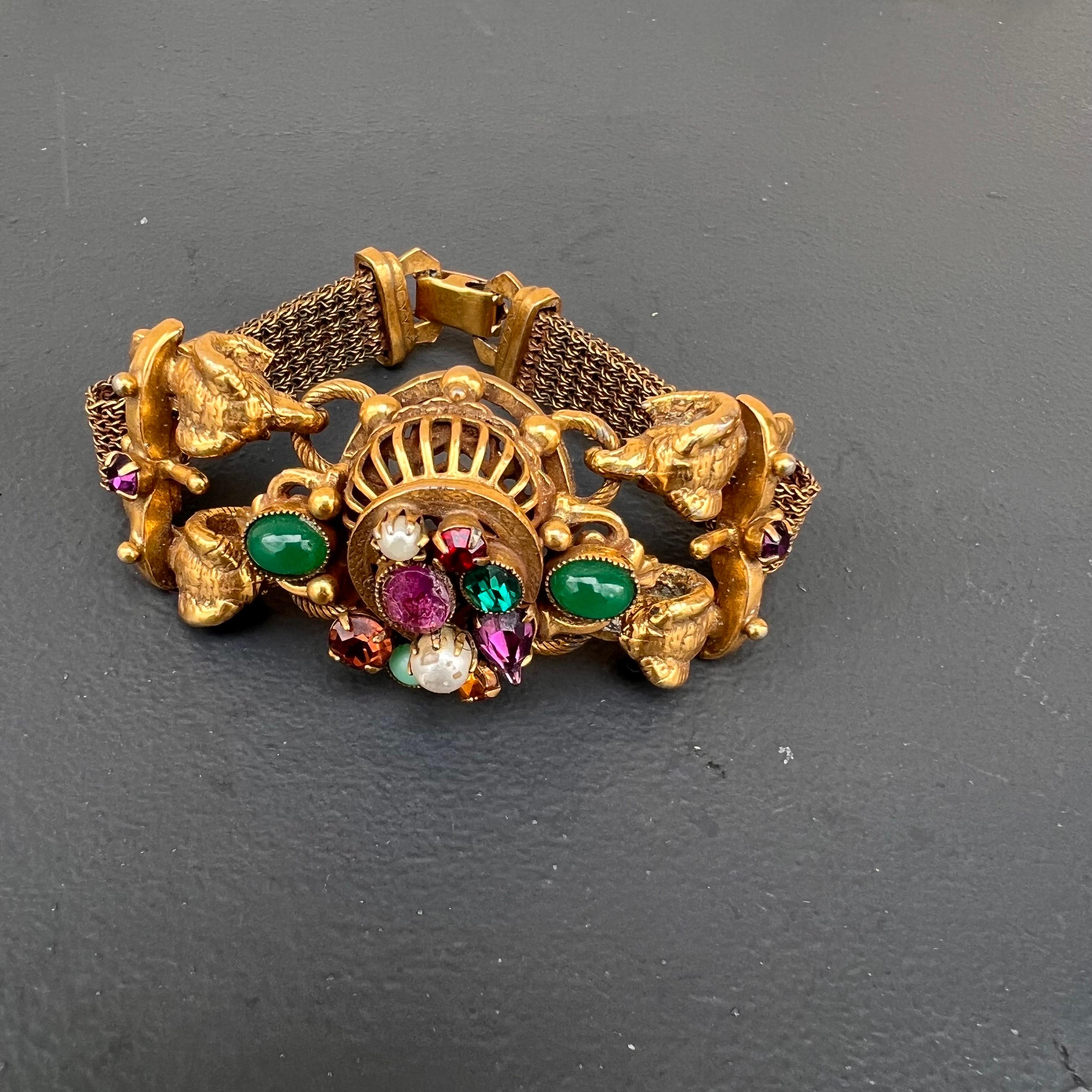 Vintage Gold Plated Unsigned Designer Statement Bracelet with Rams Head For Sale 2