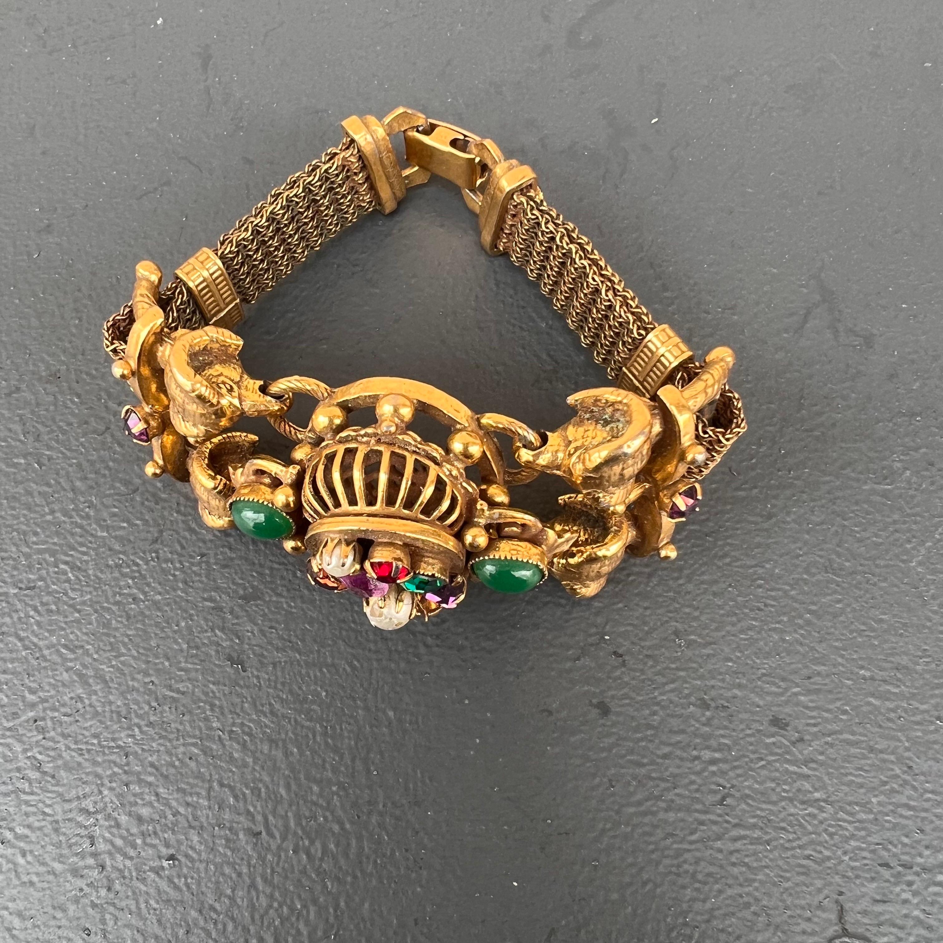 Vintage Gold Plated Unsigned Designer Statement Bracelet with Rams Head For Sale 3