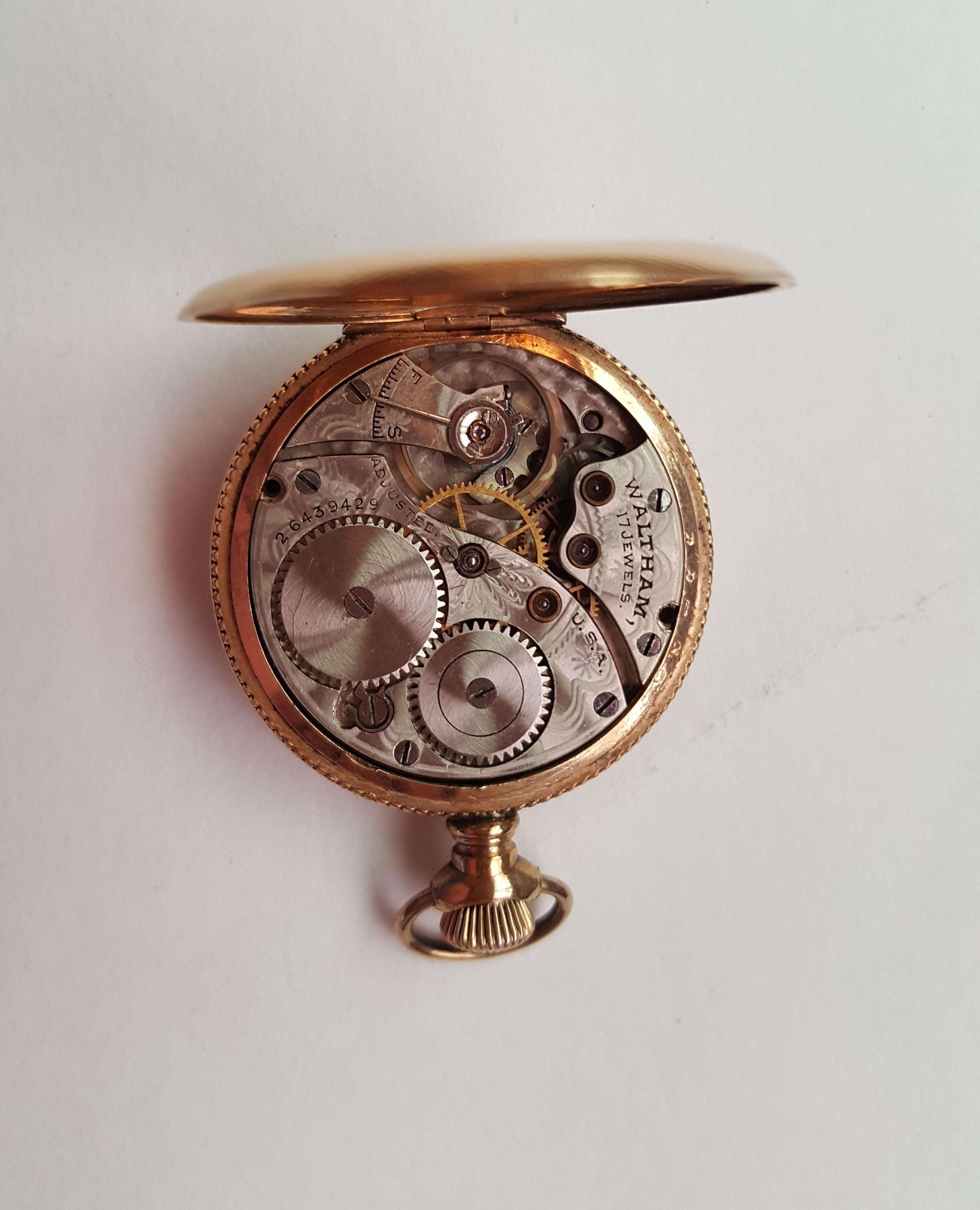 Vintage Gold Plated Waltham Pocket Watch, approx. 1928 year, Working, 17 Jewel Movement, 1/0s Size, Openface, Waltham Watch Co., Model 1907, Grade 367, White Face with black and red numerals, the seconds hand works too. Engraved on inside of watch