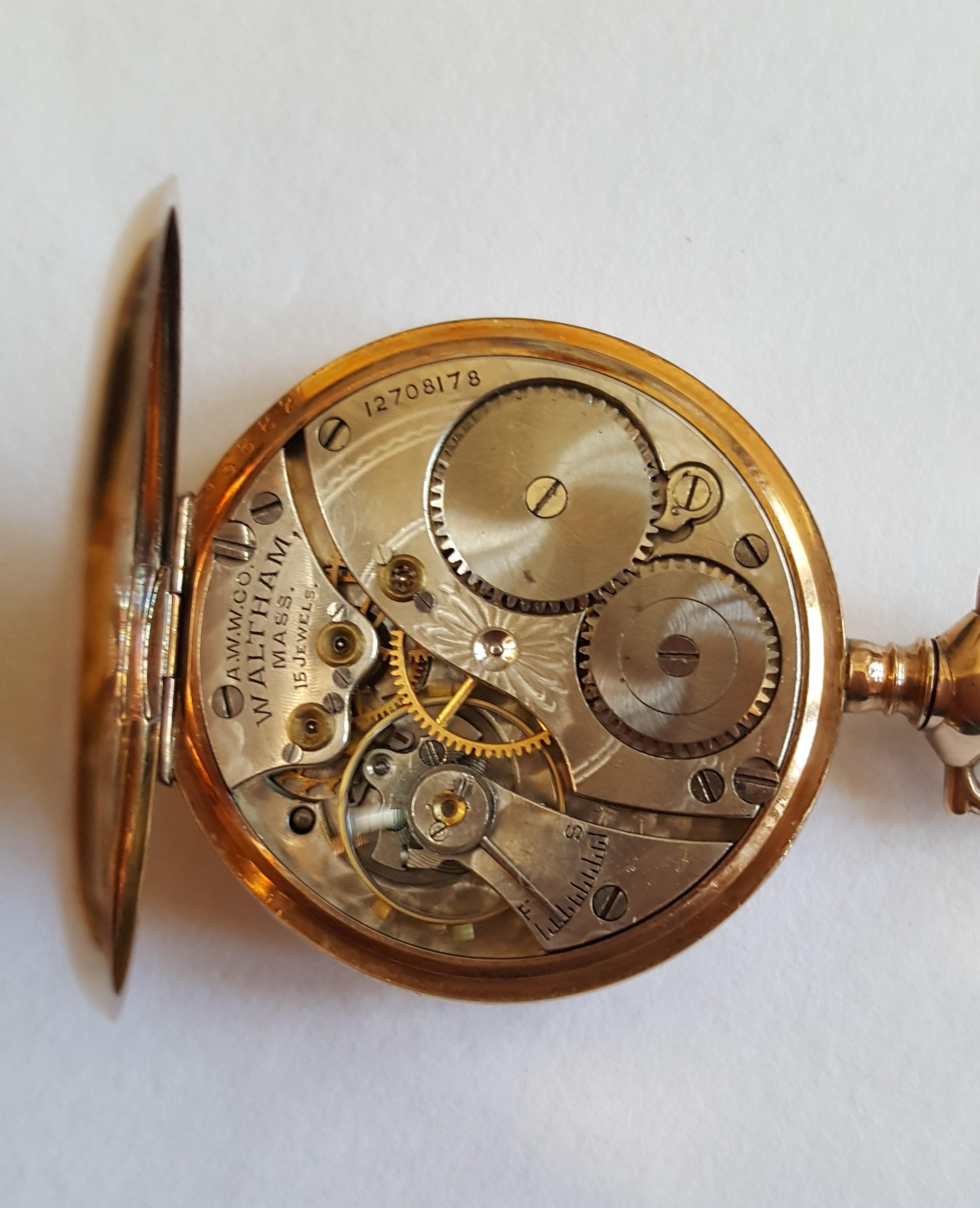 Women's or Men's Vintage Gold-Plated Waltham Pocket Watch, Year 1903, Model 1900, 15 Jewel