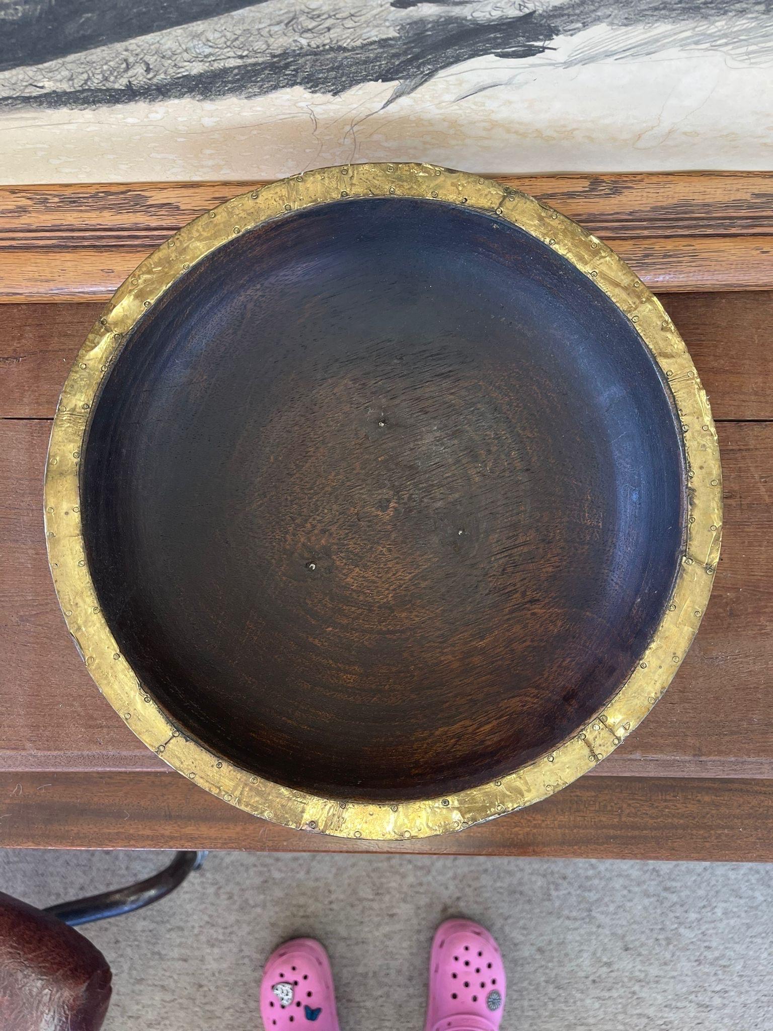 Mid-Century Modern Vintage Gold Plated Wooden Decor Platter Swirl Motif For Sale