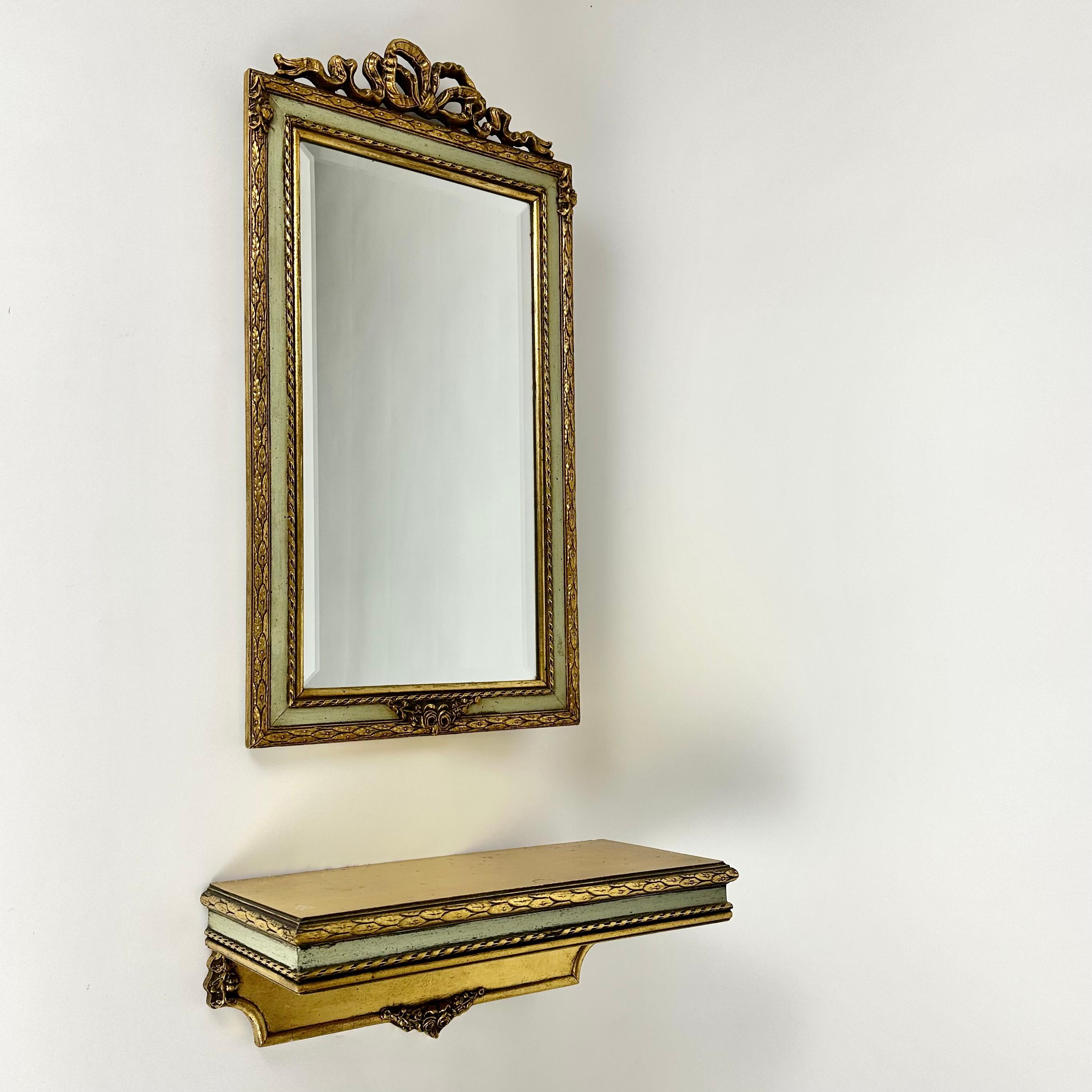 Louis XVI Vintage Gold Plated Wooden Mirror with Wall Console Belgium, 1960s For Sale