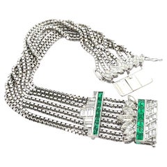 Pulsera vintage de oro y platino con esmeralda y diamantes de 11,62 ctw y cadena de caja de 8 vueltas