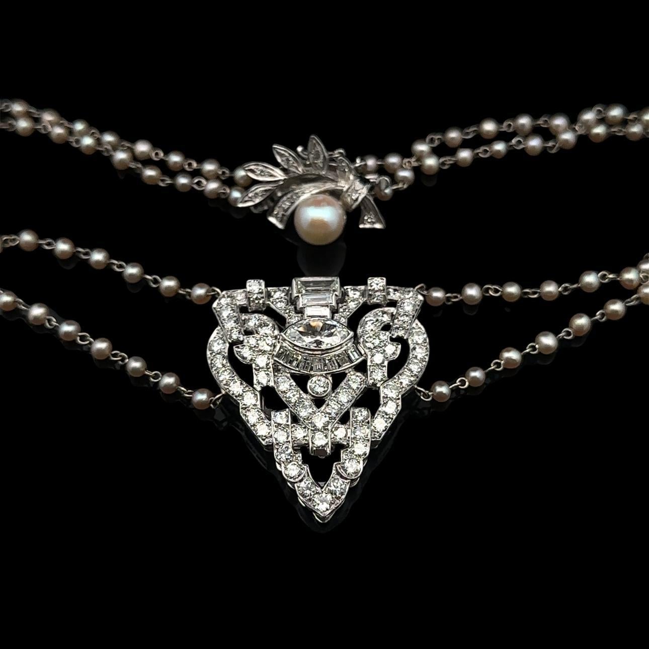 Art Deco Vintage Gold & Platinum 3.04ctw Diamond Pearl Clip Clasp Dual Strand Necklace