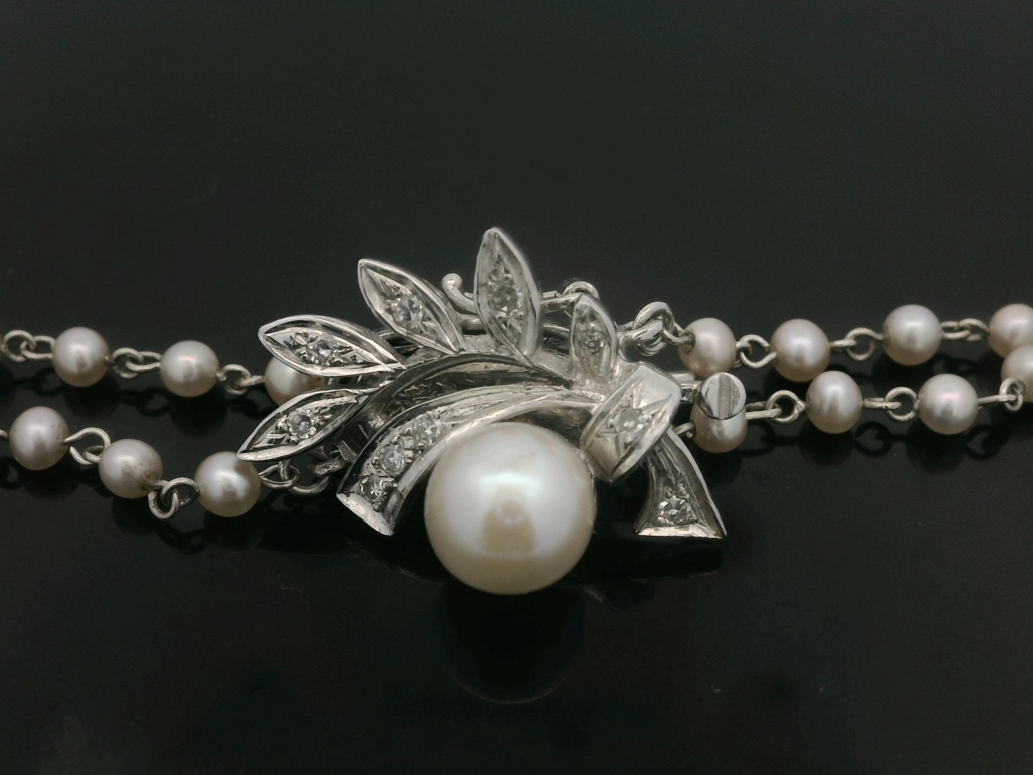 Vintage Gold & Platinum 3.04ctw Diamond Pearl Clip Clasp Dual Strand Necklace In Good Condition In Montclair, NJ
