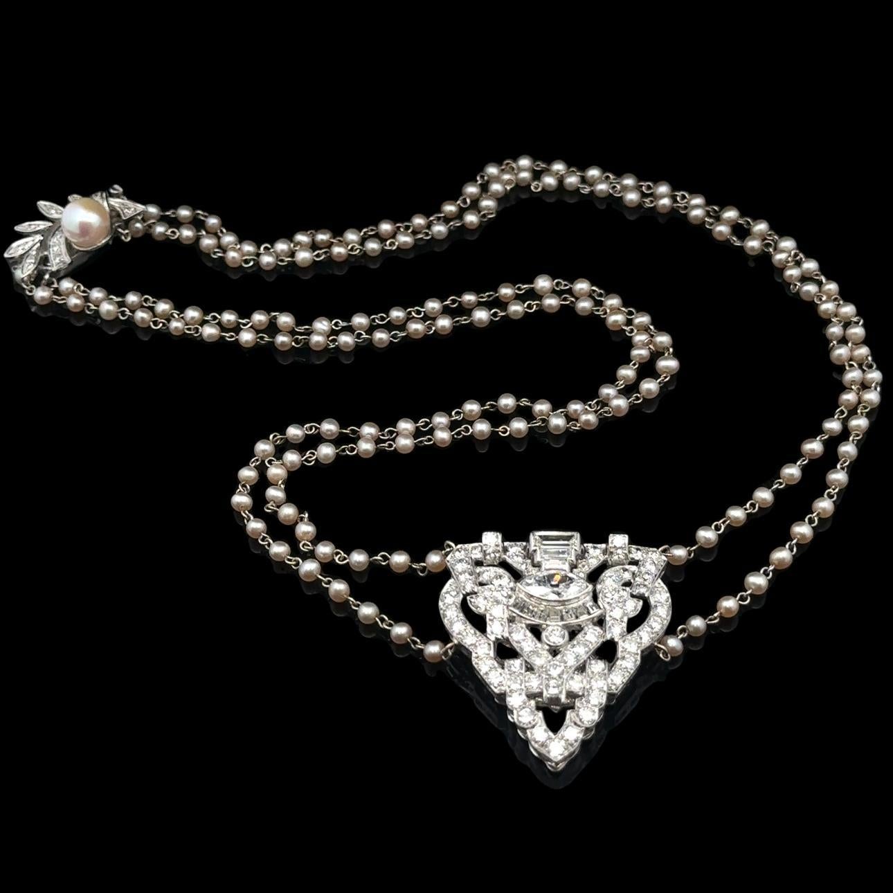 Vintage Gold & Platinum 3.04ctw Diamond Pearl Clip Clasp Dual Strand Necklace 3