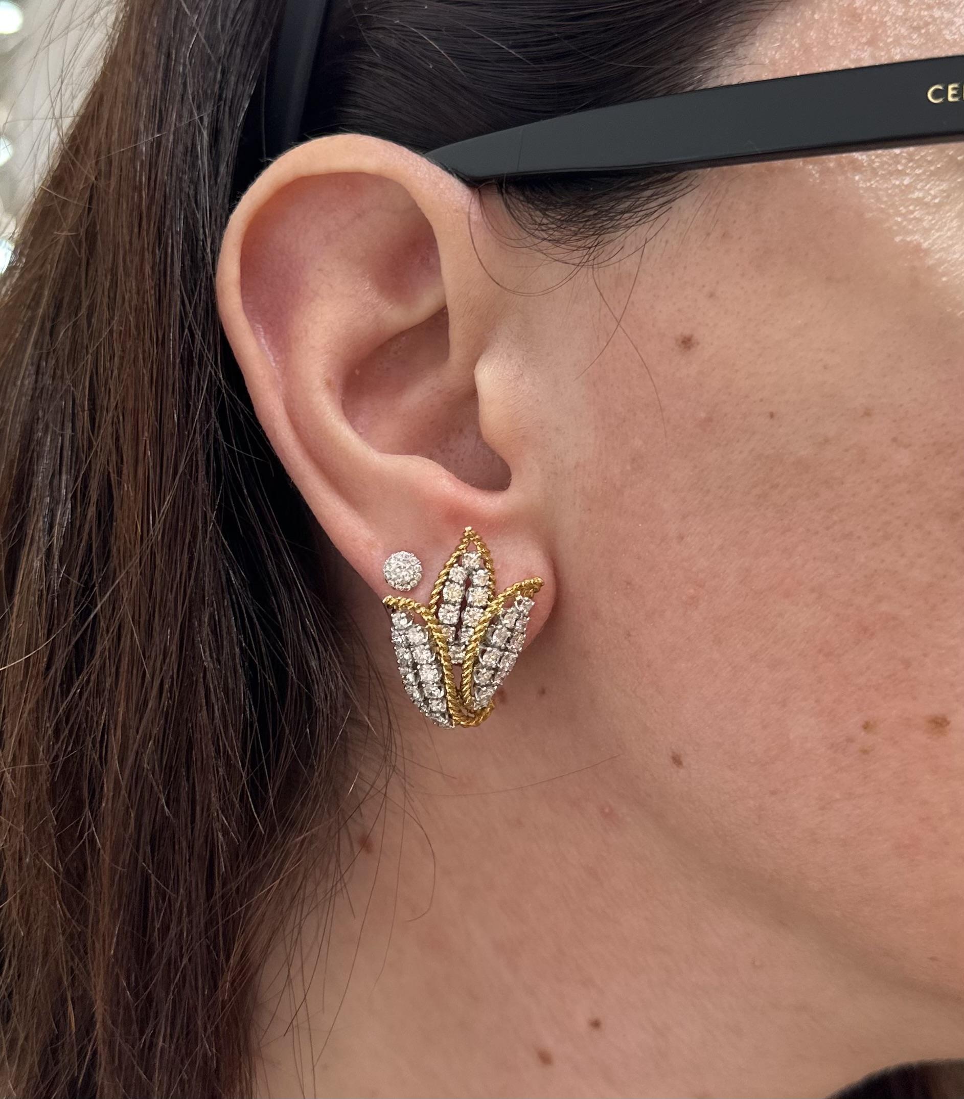 Vintage Gold & Platin 3,15 Karat Diamant-Ohrringe mit gedrehtem Drahtrahmen und geflammtem Blütenblatt Damen im Angebot