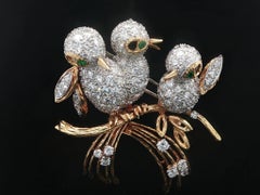 Vintage Gold & Platinum 4.12ctw Diamond & Emerald 3 Birds on Branch Brooch