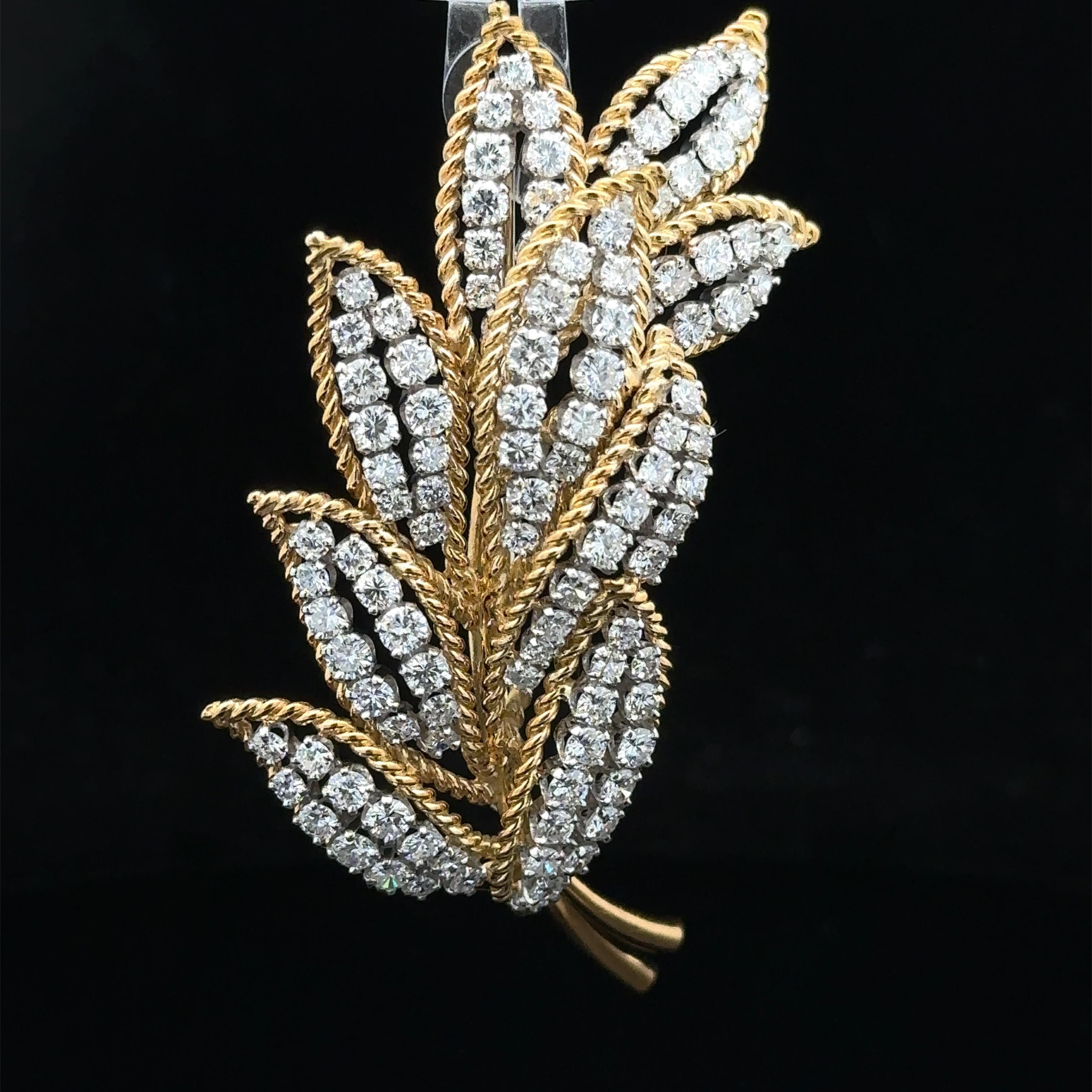 Vintage Gold & Platinum 6.5ctw Diamond Covered Leaf Floral Twisted Wire Brooch For Sale 5