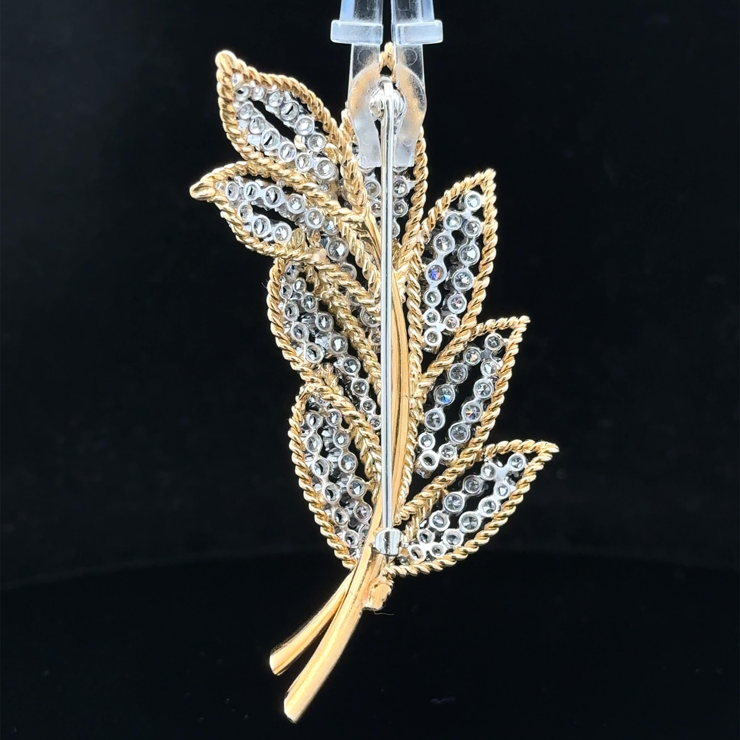 Vintage Gold & Platinum 6.5ctw Diamond Covered Leaf Floral Twisted Wire Brooch For Sale 6