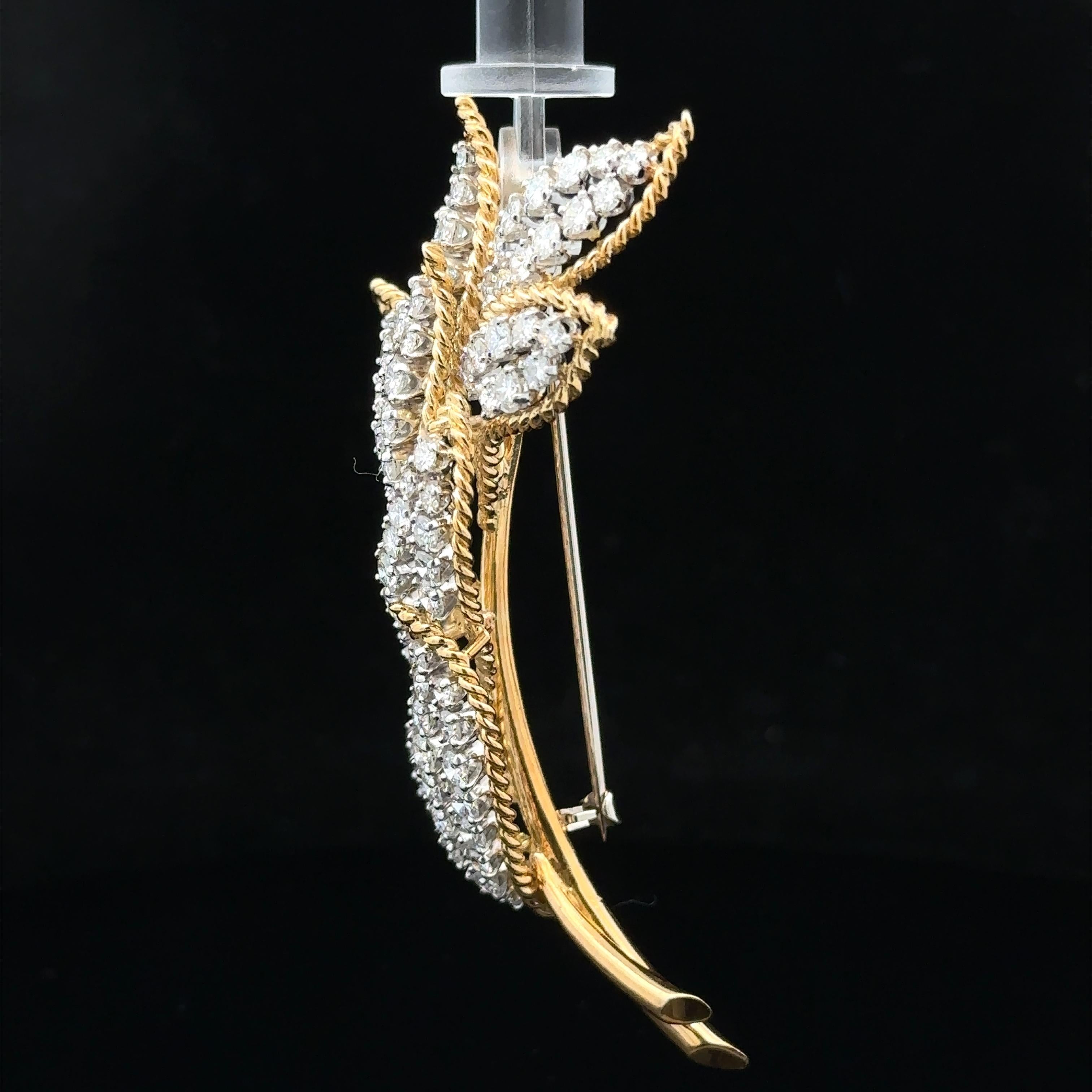 Vintage Gold & Platinum 6.5ctw Diamond Covered Leaf Floral Twisted Wire Brooch For Sale 7