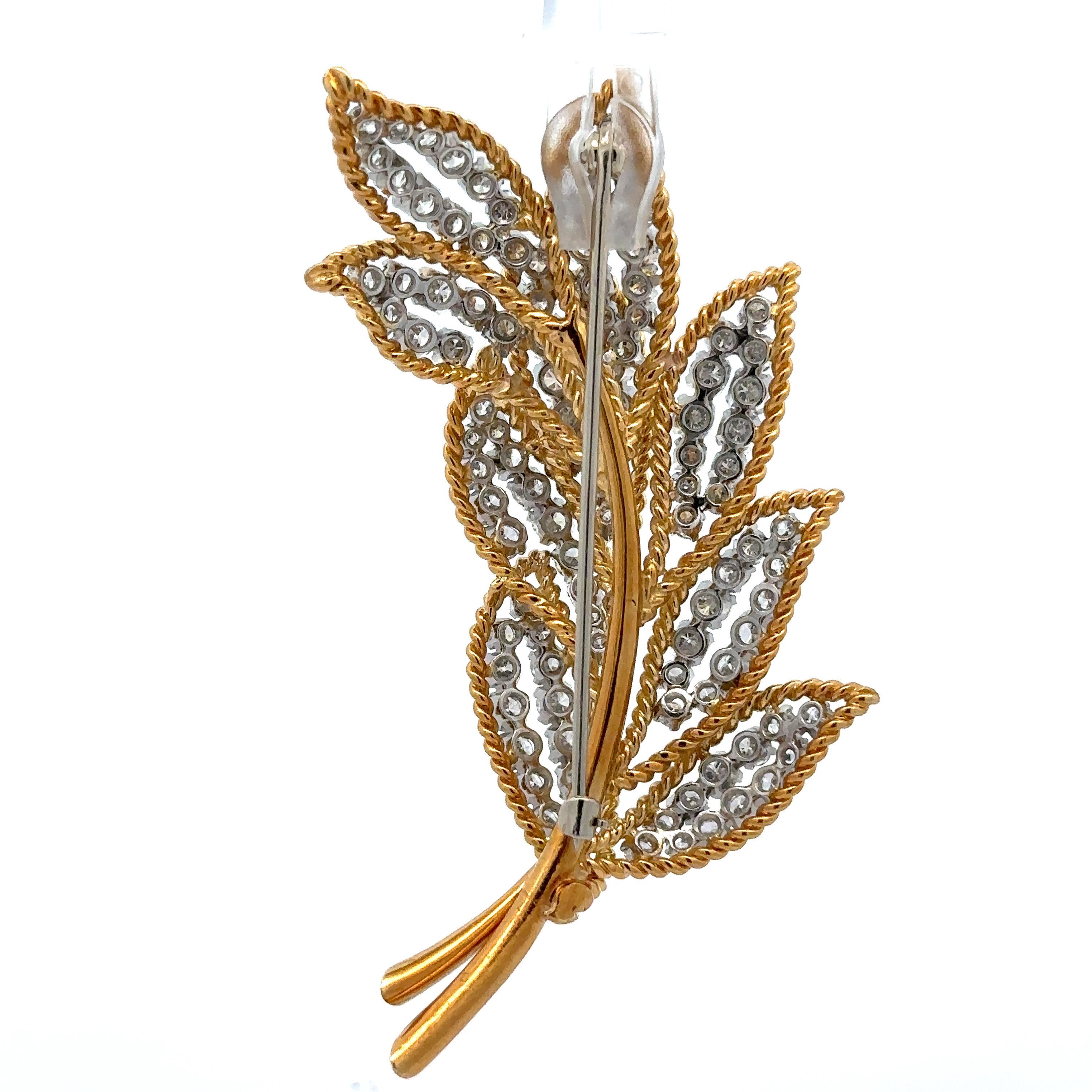 Vintage Gold & Platinum 6.5ctw Diamond Covered Leaf Floral Twisted Wire Brooch For Sale 8