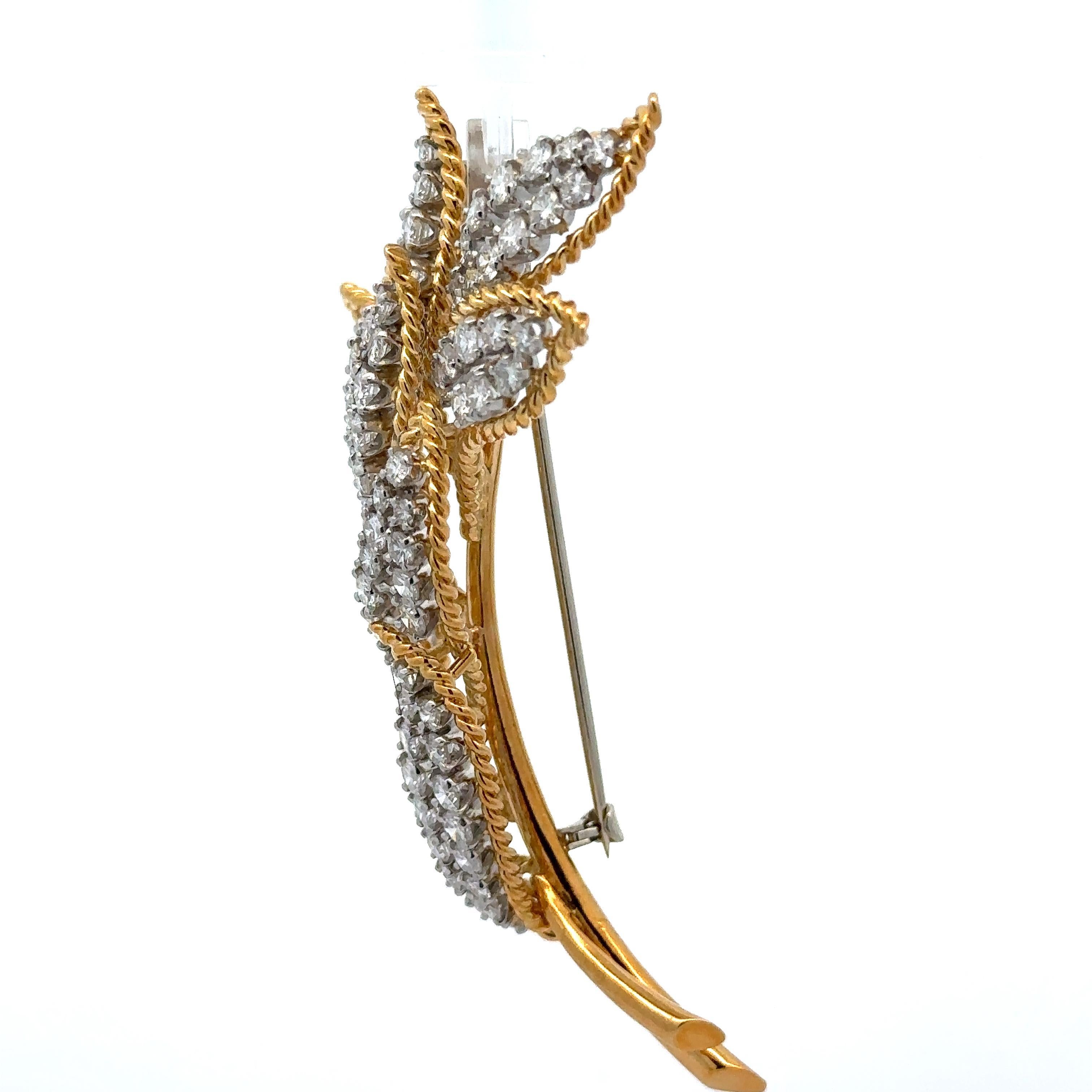 Vintage Gold & Platinum 6.5ctw Diamond Covered Leaf Floral Twisted Wire Brooch For Sale 9