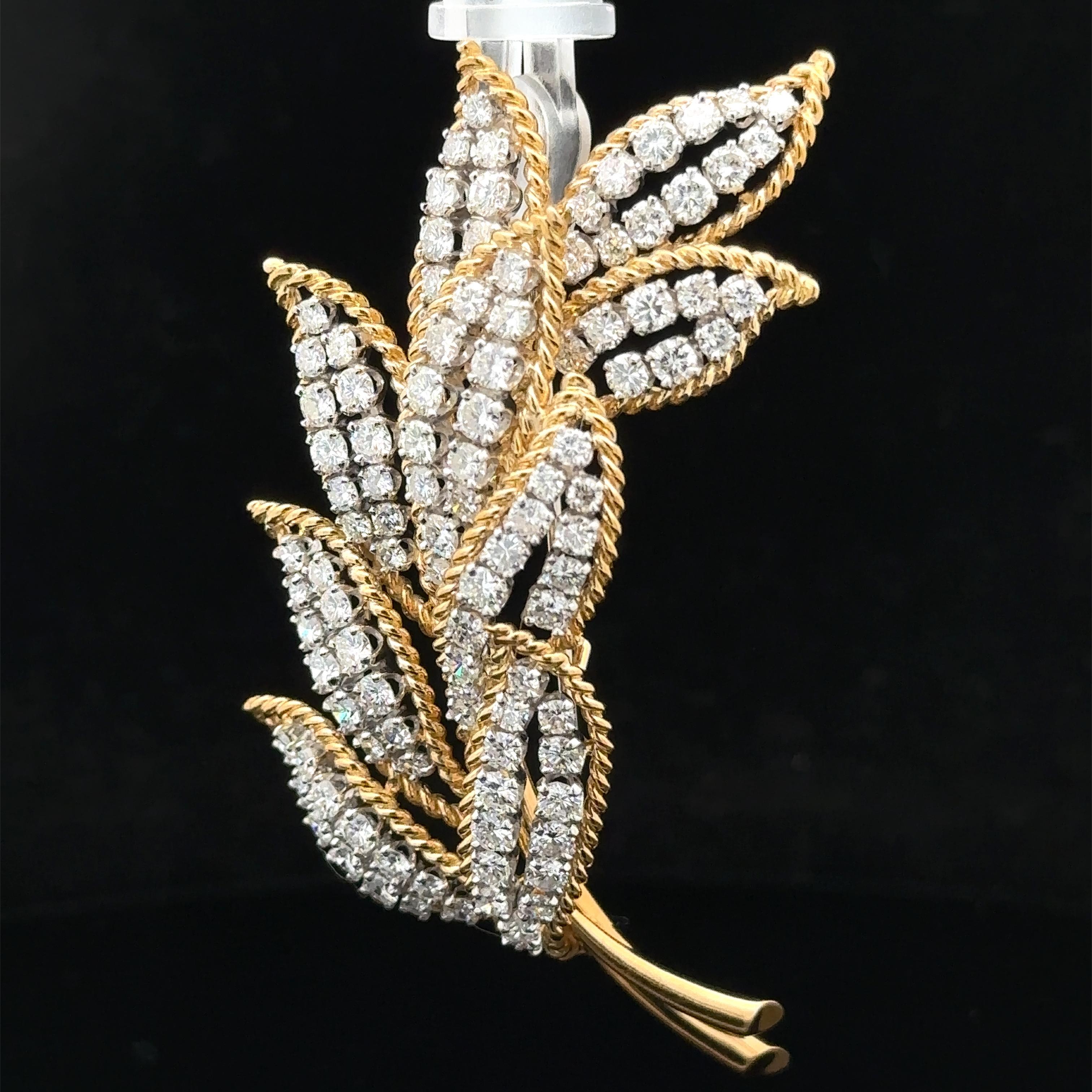 Brilliant Cut Vintage Gold & Platinum 6.5ctw Diamond Covered Leaf Floral Twisted Wire Brooch For Sale