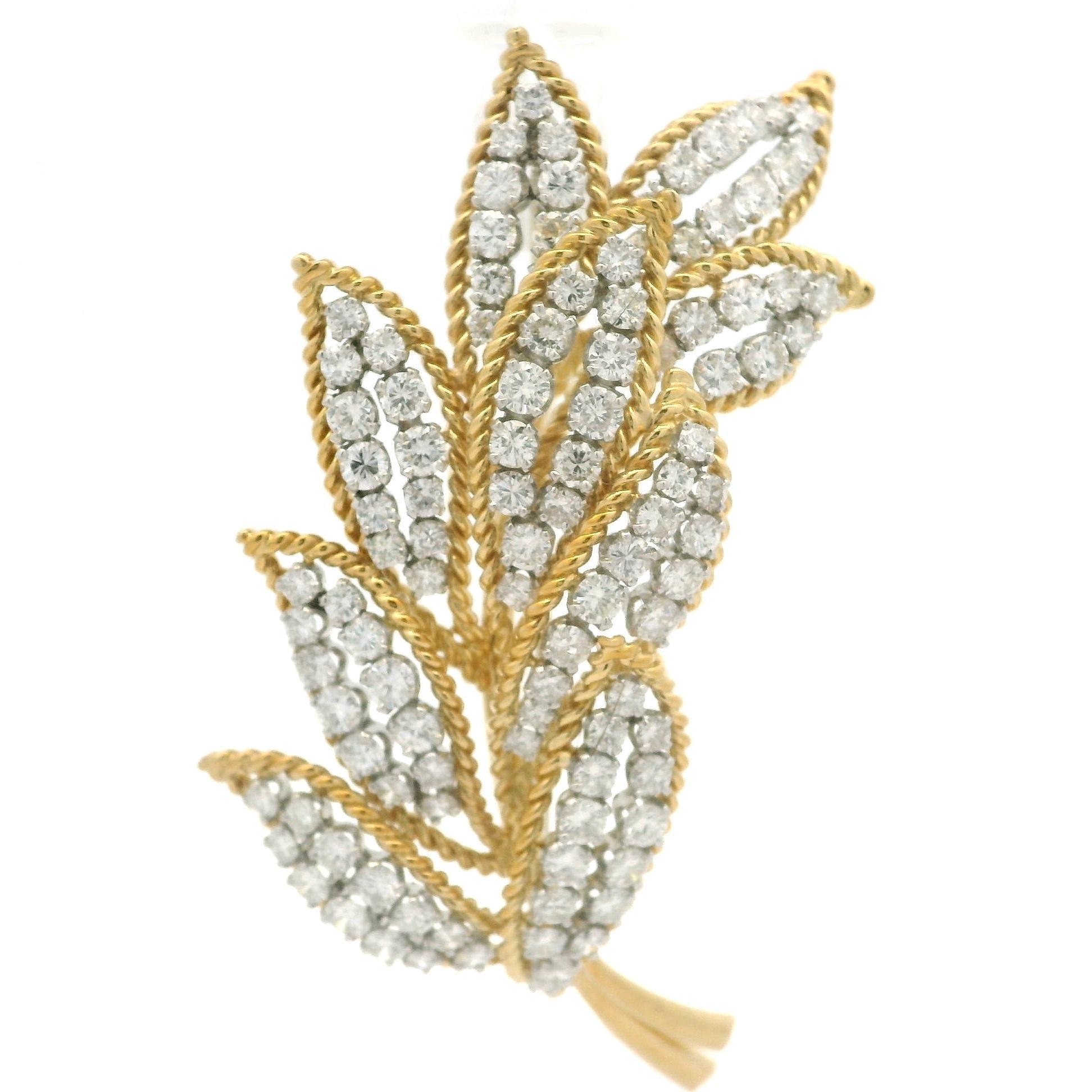 Women's Vintage Gold & Platinum 6.5ctw Diamond Covered Leaf Floral Twisted Wire Brooch For Sale