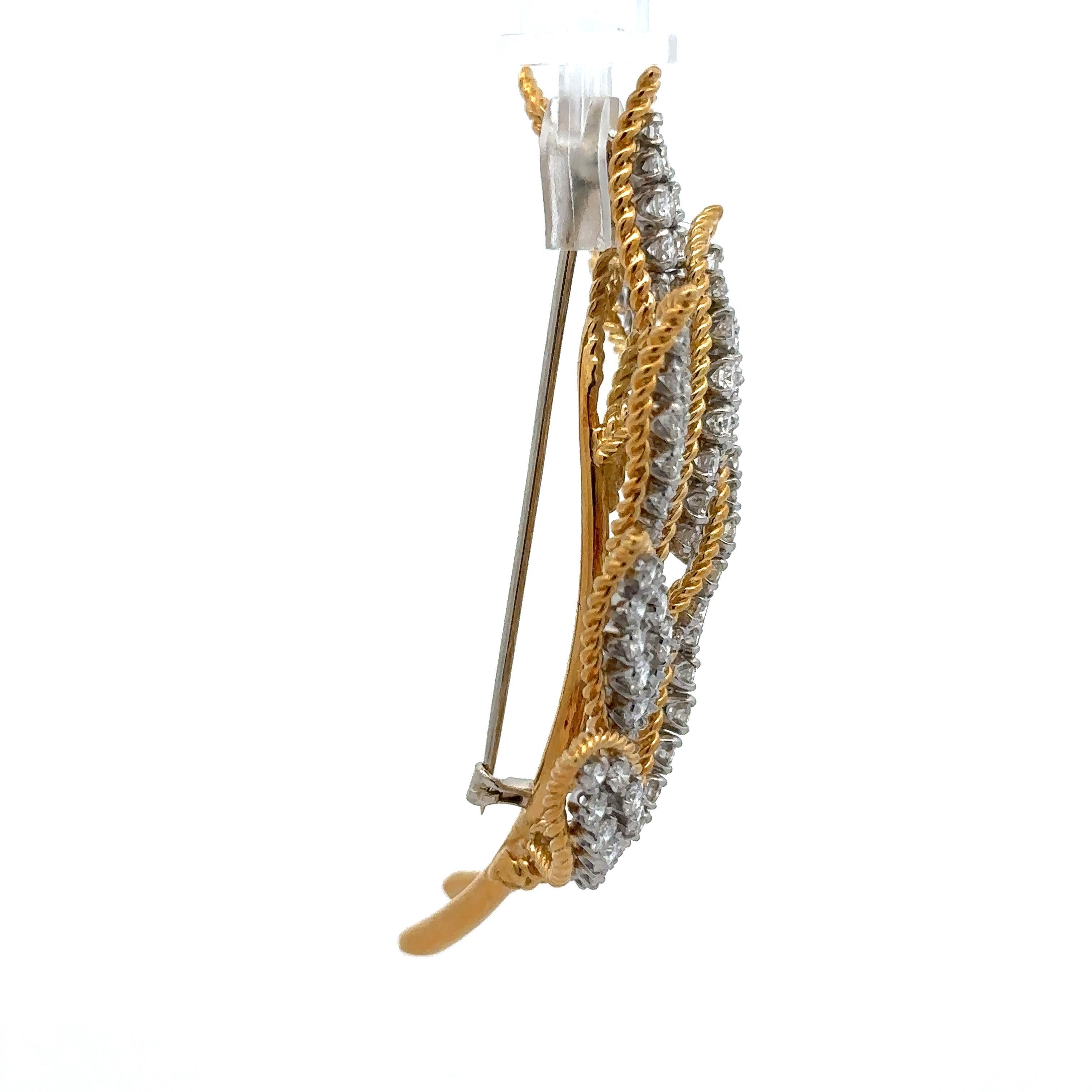 Vintage Gold & Platinum 6.5ctw Diamond Covered Leaf Floral Twisted Wire Brooch For Sale 1