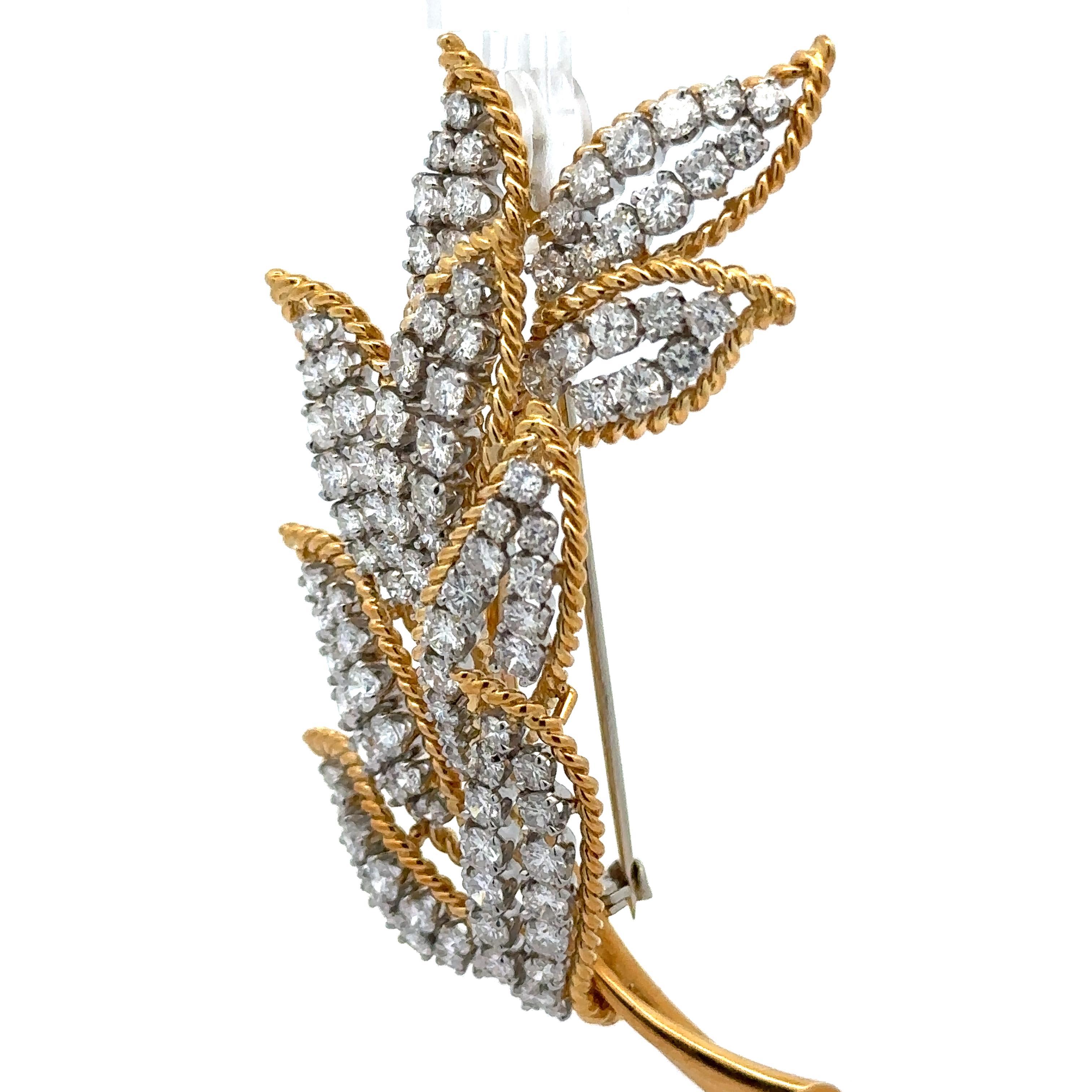Vintage Gold & Platinum 6.5ctw Diamond Covered Leaf Floral Twisted Wire Brooch For Sale 2