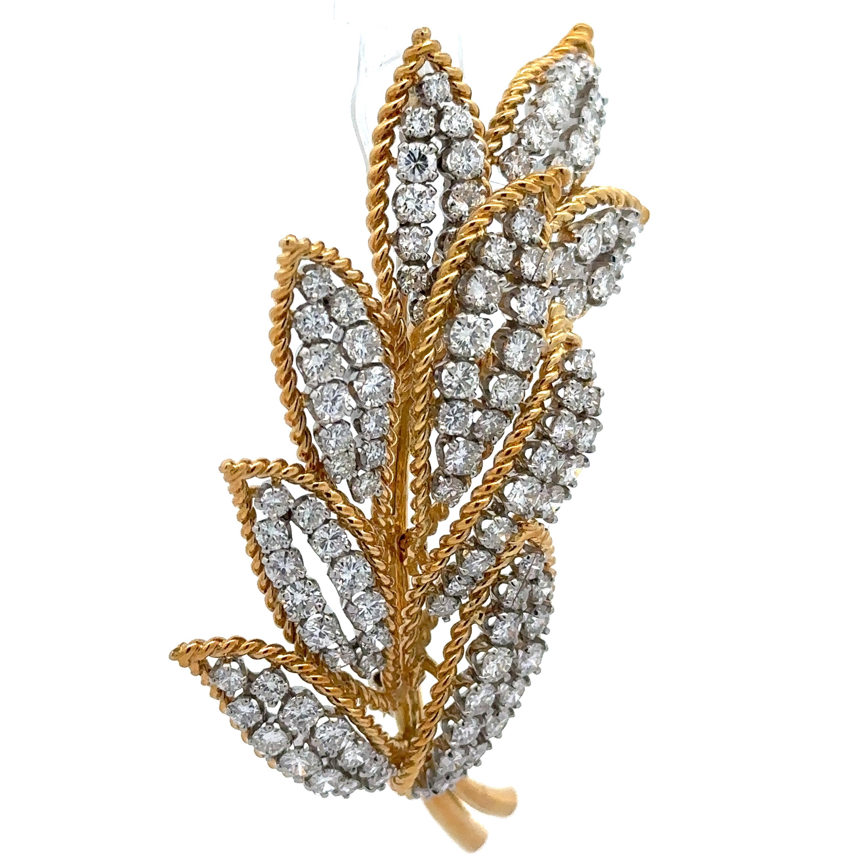 Vintage Gold & Platinum 6.5ctw Diamond Covered Leaf Floral Twisted Wire Brooch For Sale 3