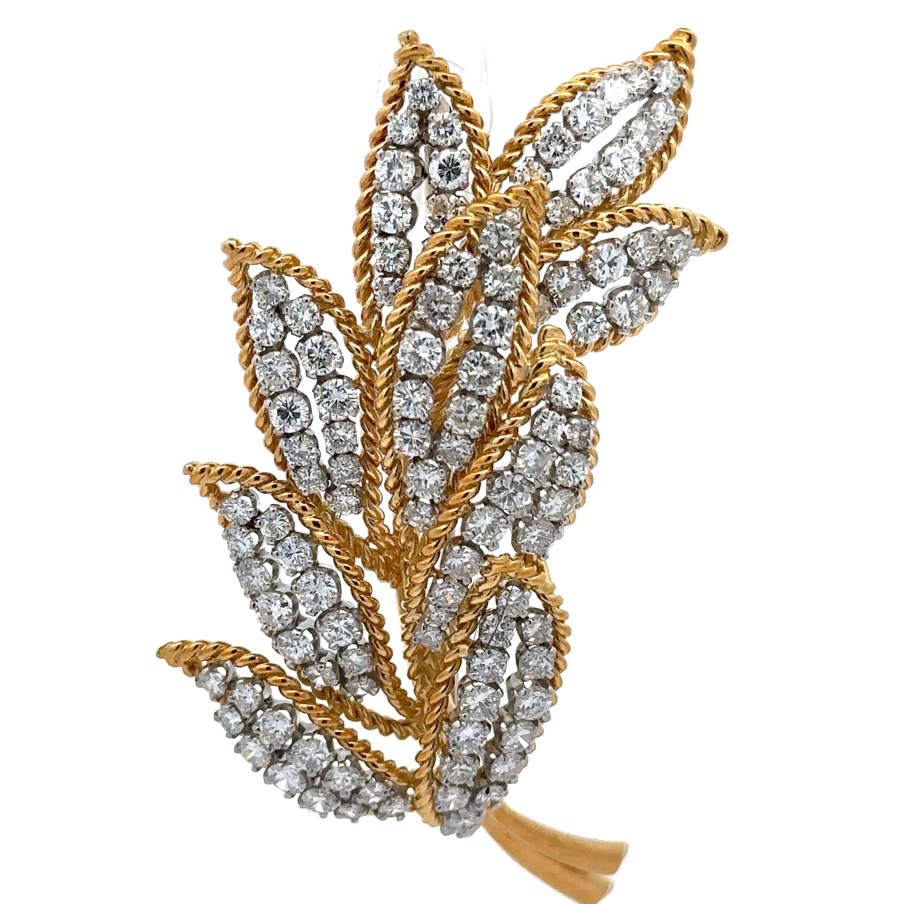 Vintage Gold & Platinum 6.5ctw Diamond Covered Leaf Floral Twisted Wire Brooch For Sale 4