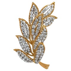 Vintage Gold & Platinum 6.5ctw Diamond Covered Leaf Floral Twisted Wire Brooch