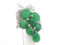 Vintage Gold & Platinum 93.5ctw GIA Cabochon Emerald Diamond Cluster Brooch Pin