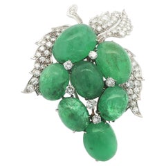 Vintage Gold & Platinum 93.5ctw GIA Cabochon Emerald Diamond Cluster Brooch Pin