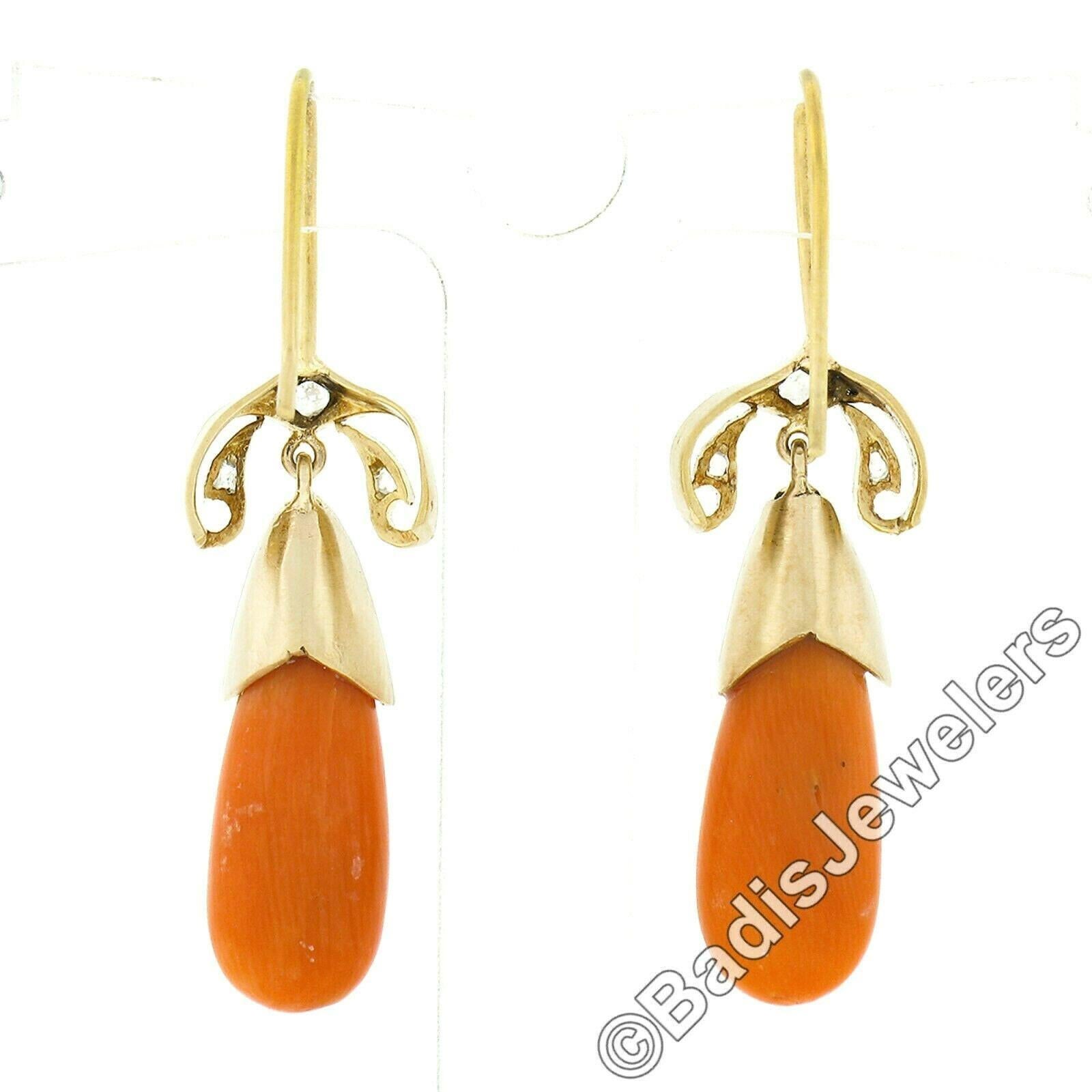 Ohrhänger aus Gold und Platin mit Diamanten im Rosenschliff in Orange und Koralle in Tropfenform Damen im Angebot