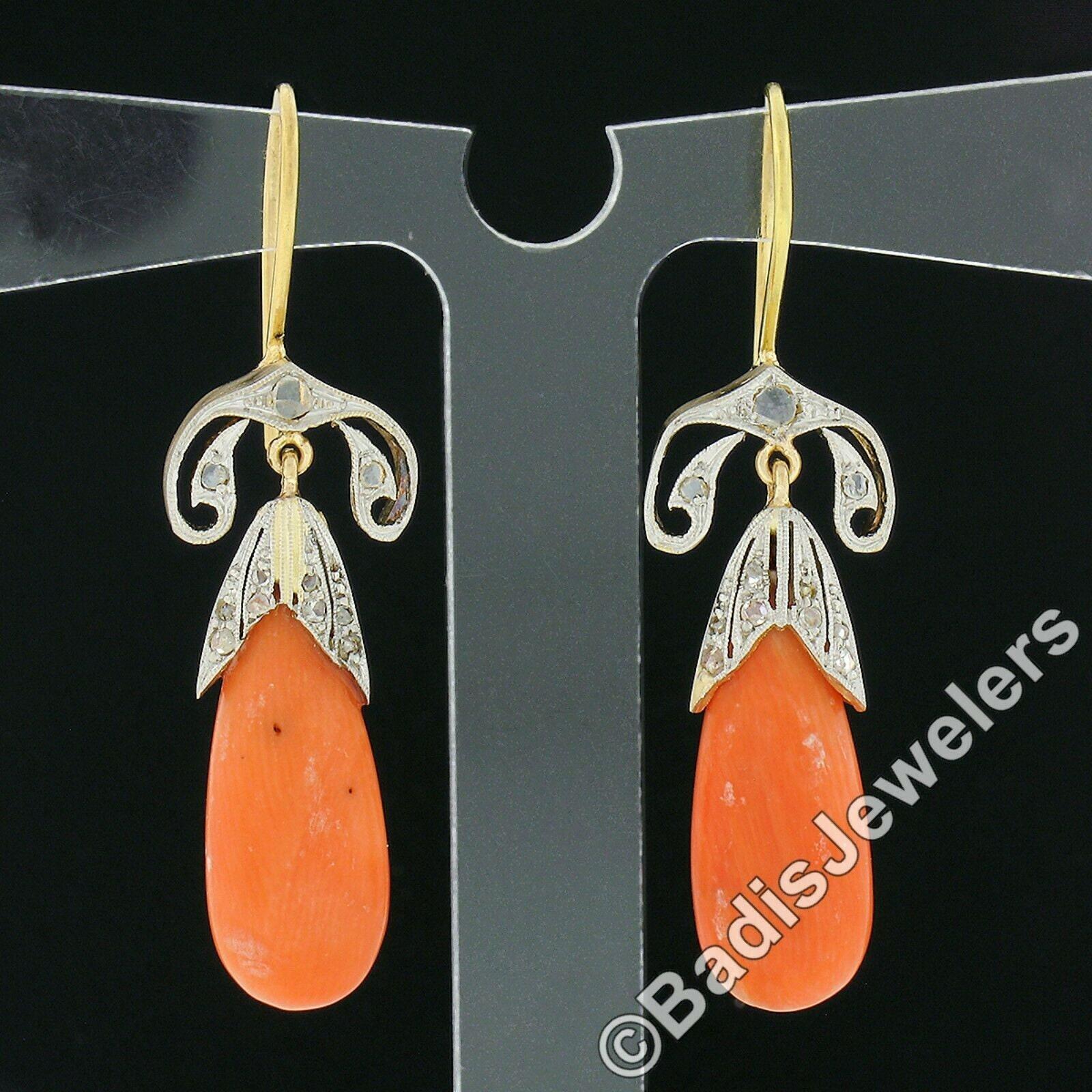 Ohrhänger aus Gold und Platin mit Diamanten im Rosenschliff in Orange und Koralle in Tropfenform im Angebot 1