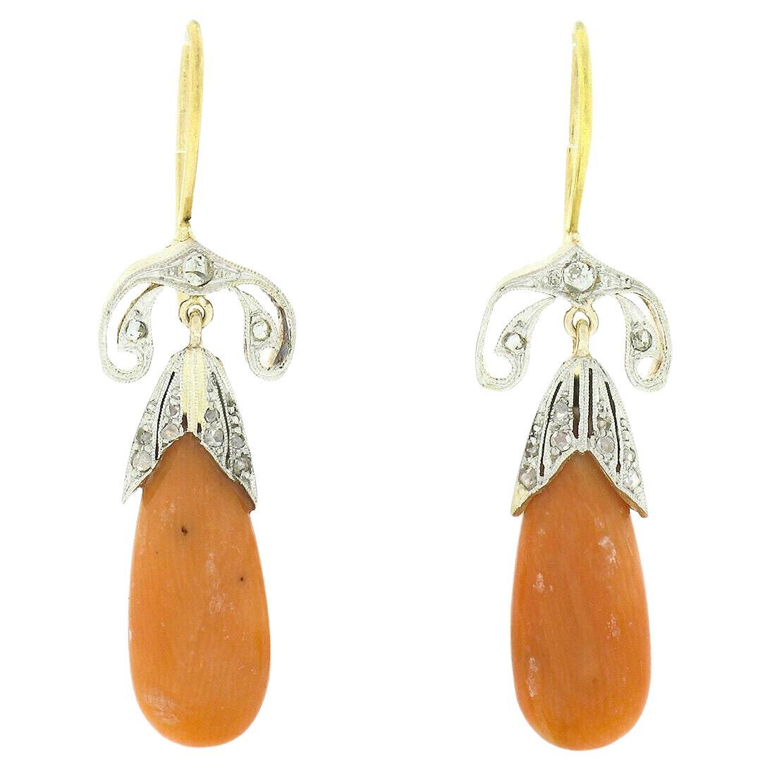 Orecchini vintage in oro e platino con diamante taglio rosa e corallo arancione a goccia