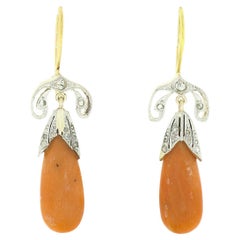 Pendants d'oreilles vintage en or et platine avec diamants taille rose et corail orange