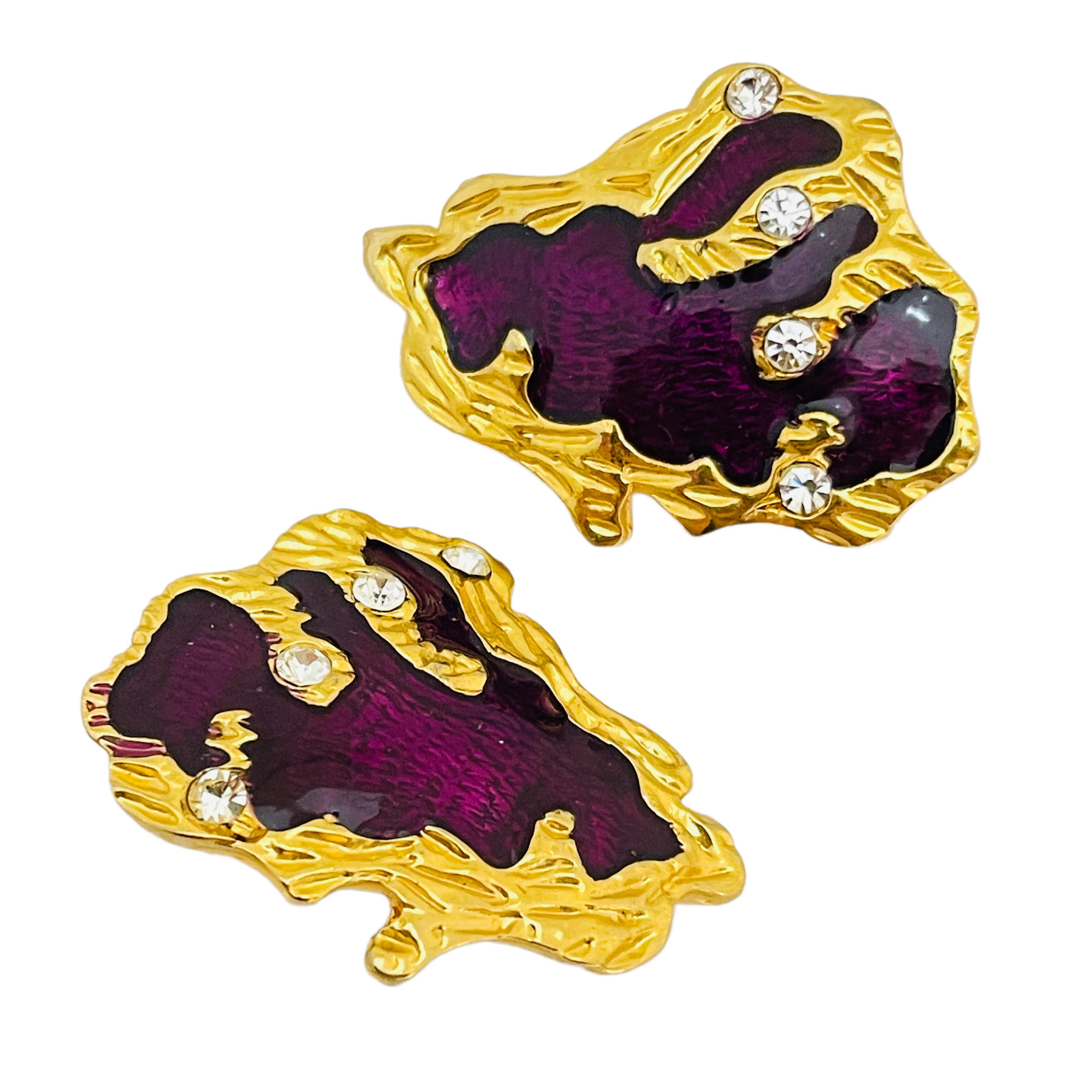 Women's or Men's Vintage gold purple enamel rhinestone designer runway clip on earrings For Sale