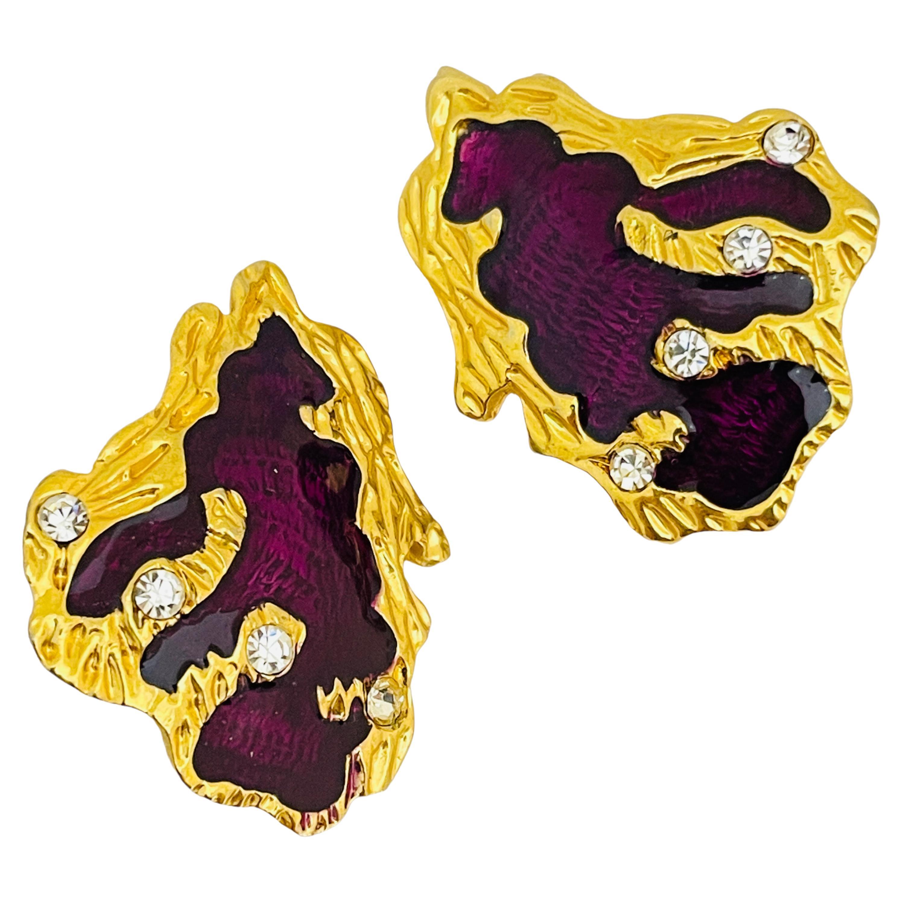 Vintage gold purple enamel rhinestone designer runway clip on earrings For Sale