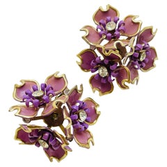 Vintage gold purple enamel rhinestone flower clip on earrings