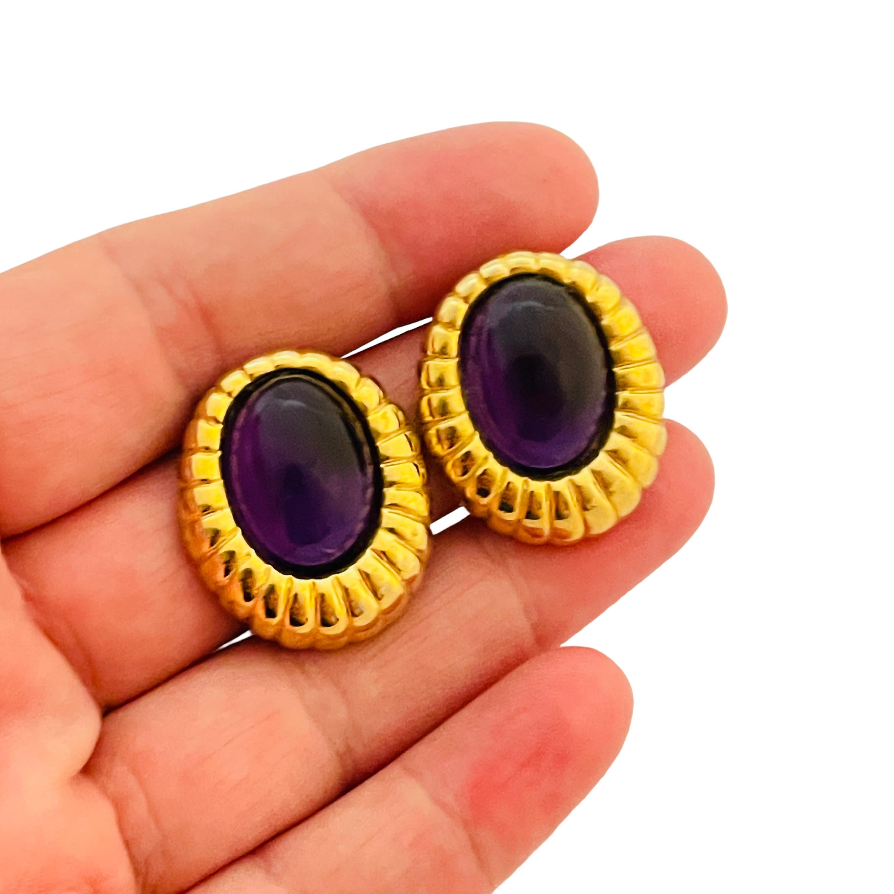 Women's or Men's Vintage gold purple glass designer runway pierced earrings For Sale