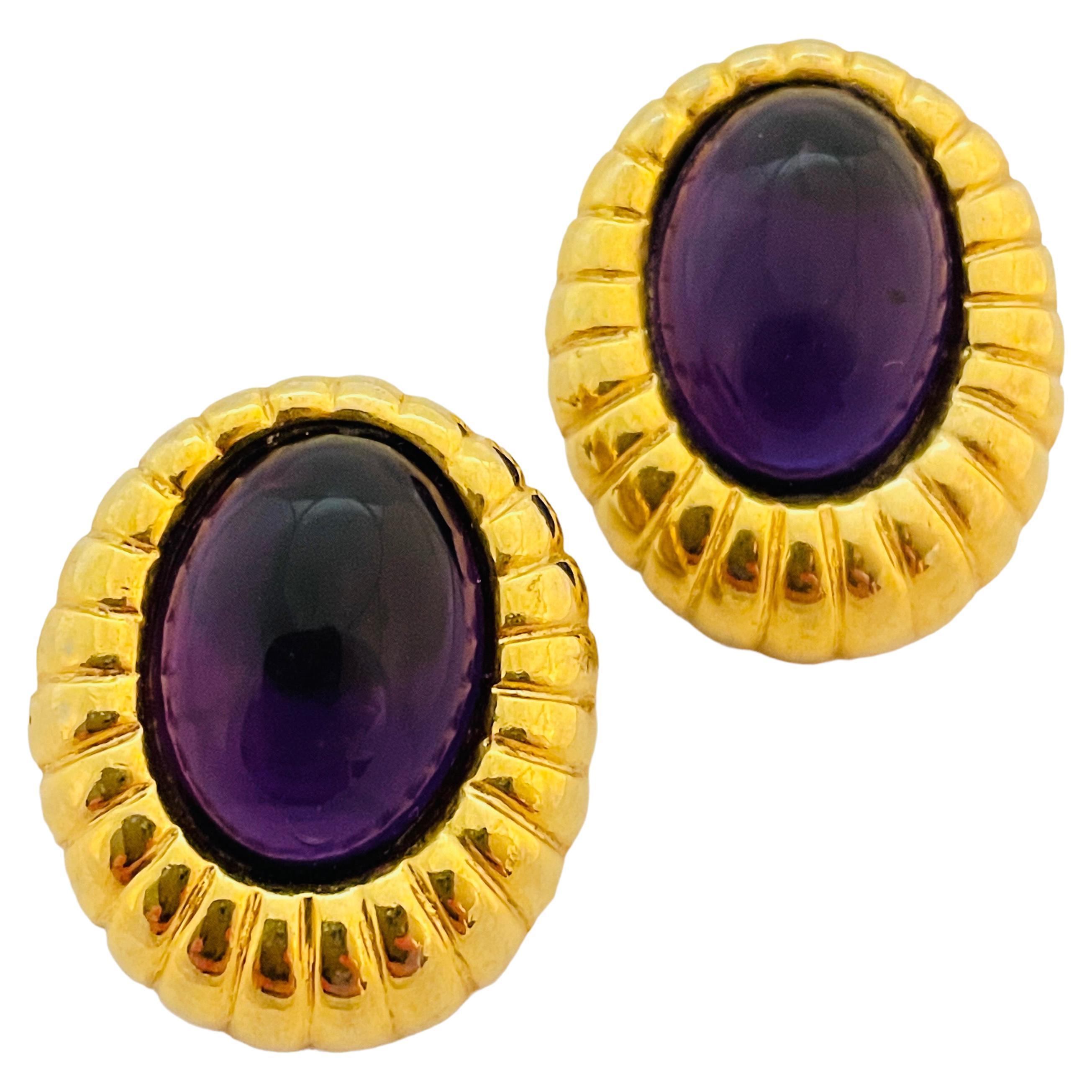 Vintage gold purple glass designer runway pierced earrings For Sale