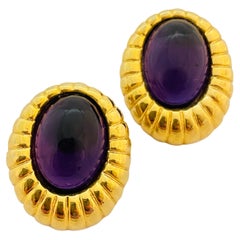 Vintage gold purple glass designer runway pierced earrings