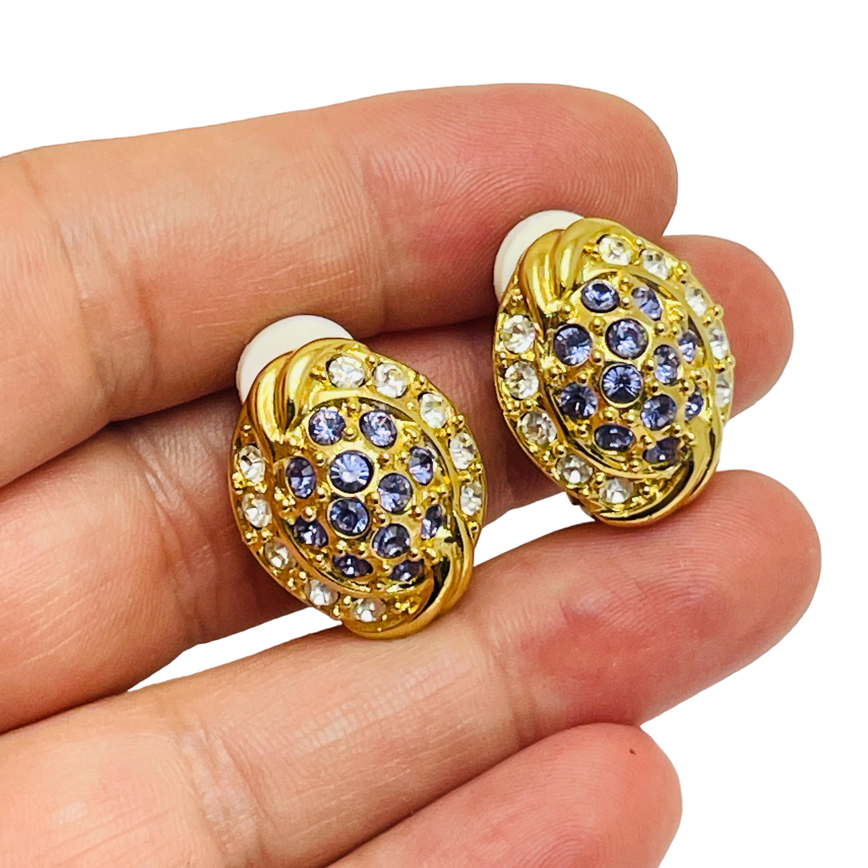 Vintage Gold lila Strass Designer Clip auf Ohrringe Damen im Angebot