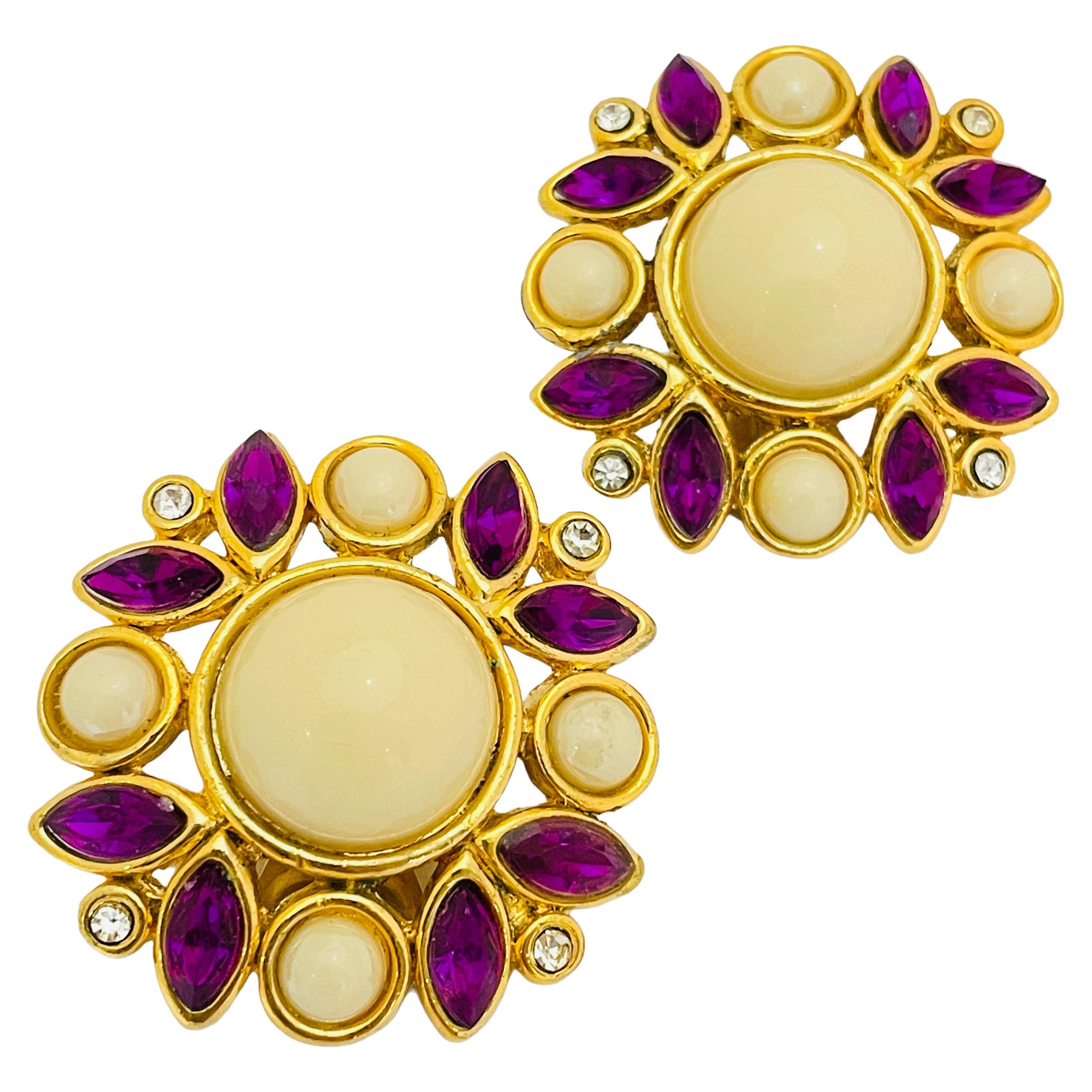 Vintage gold purple rhinestone designer runway clip on earrings For Sale
